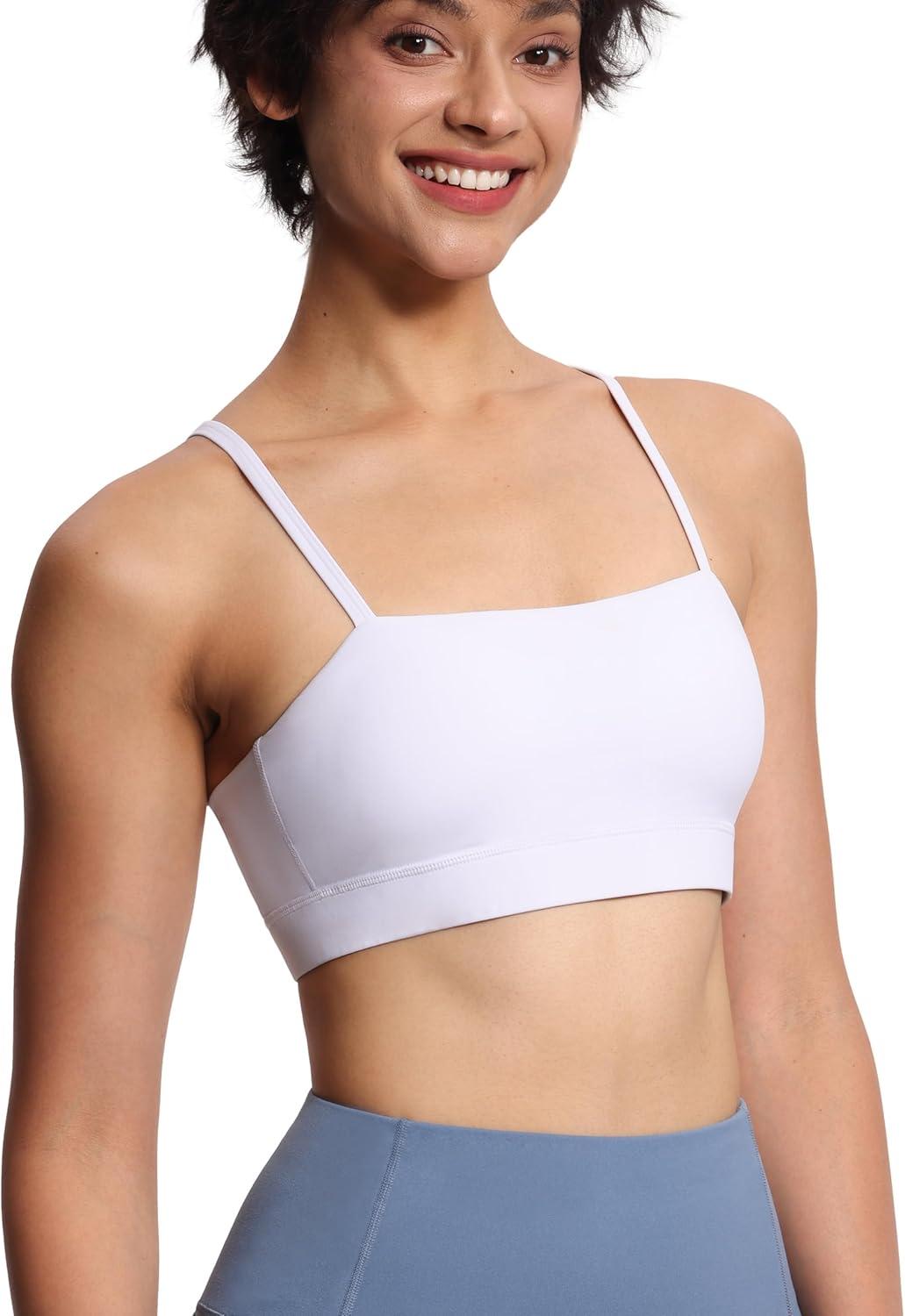 imageTHE GYM PEOPLE Womens Adjustable Spaghetti Strap Sports Bras Wirefree Workout Tops with Removable PaddedWhite