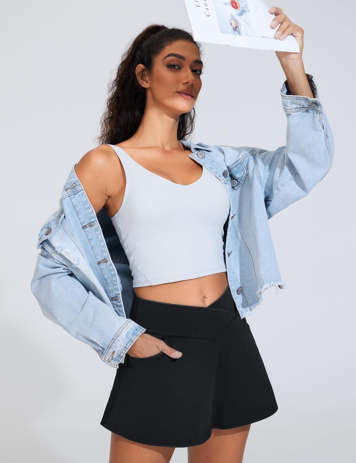 imageTHE GYM PEOPLE Womens Cross Waist Jean Skorts Stretchy Ruffle Denim Skirts with 2 in 1 Shorts PocketsBlack