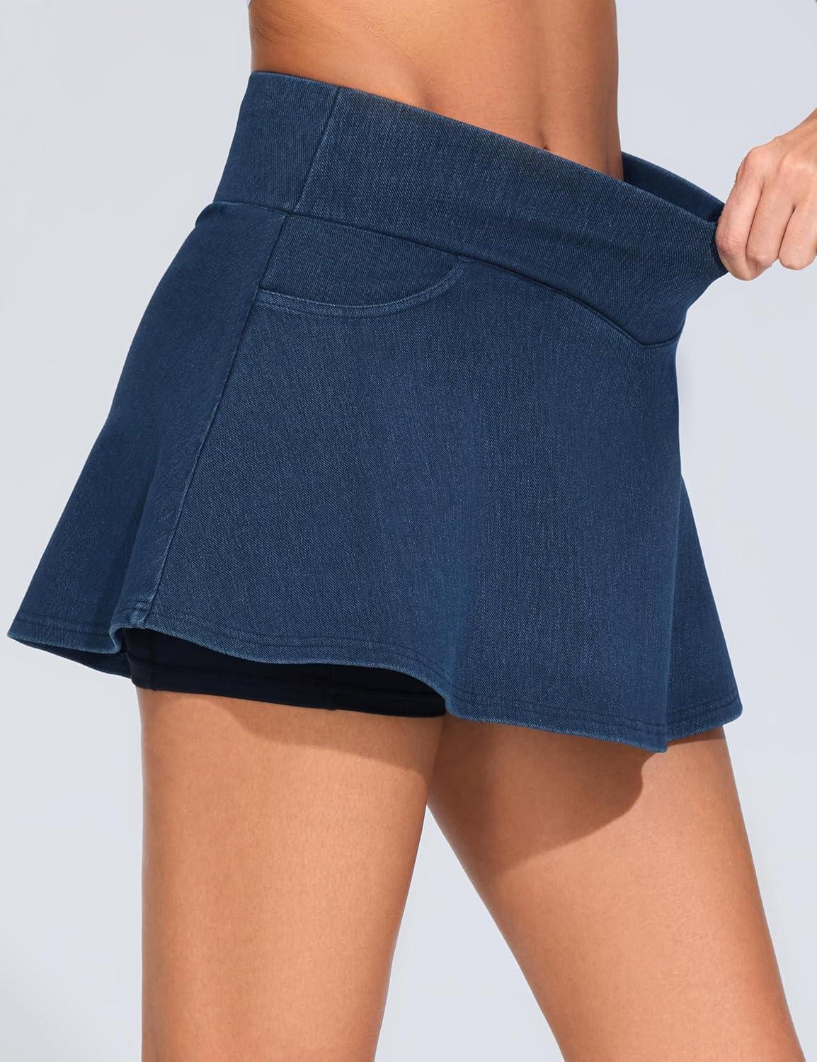 imageTHE GYM PEOPLE Womens Cross Waist Jean Skorts Stretchy Ruffle Denim Skirts with 2 in 1 Shorts PocketsDark Blue