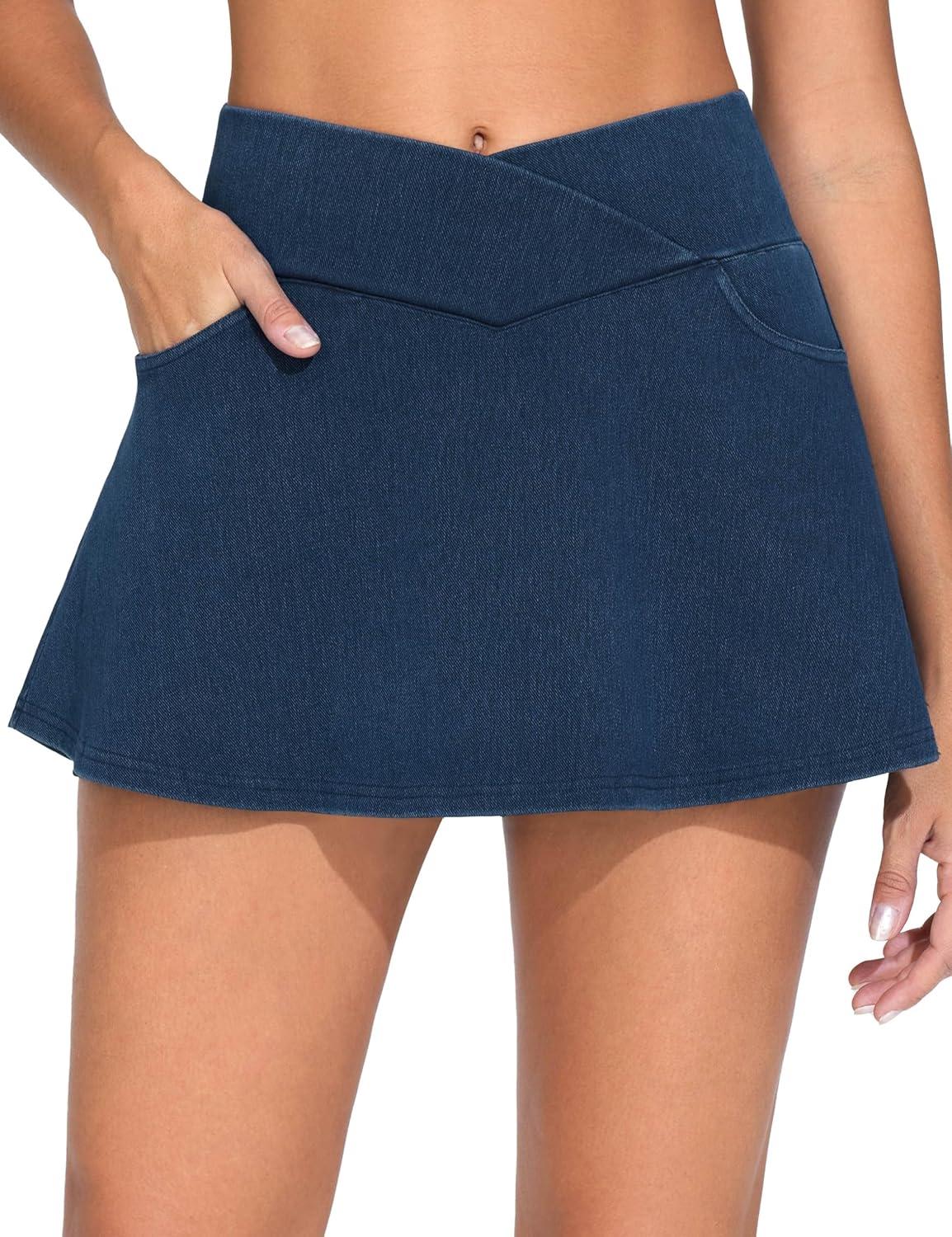 imageTHE GYM PEOPLE Womens Cross Waist Jean Skorts Stretchy Ruffle Denim Skirts with 2 in 1 Shorts PocketsDark Blue