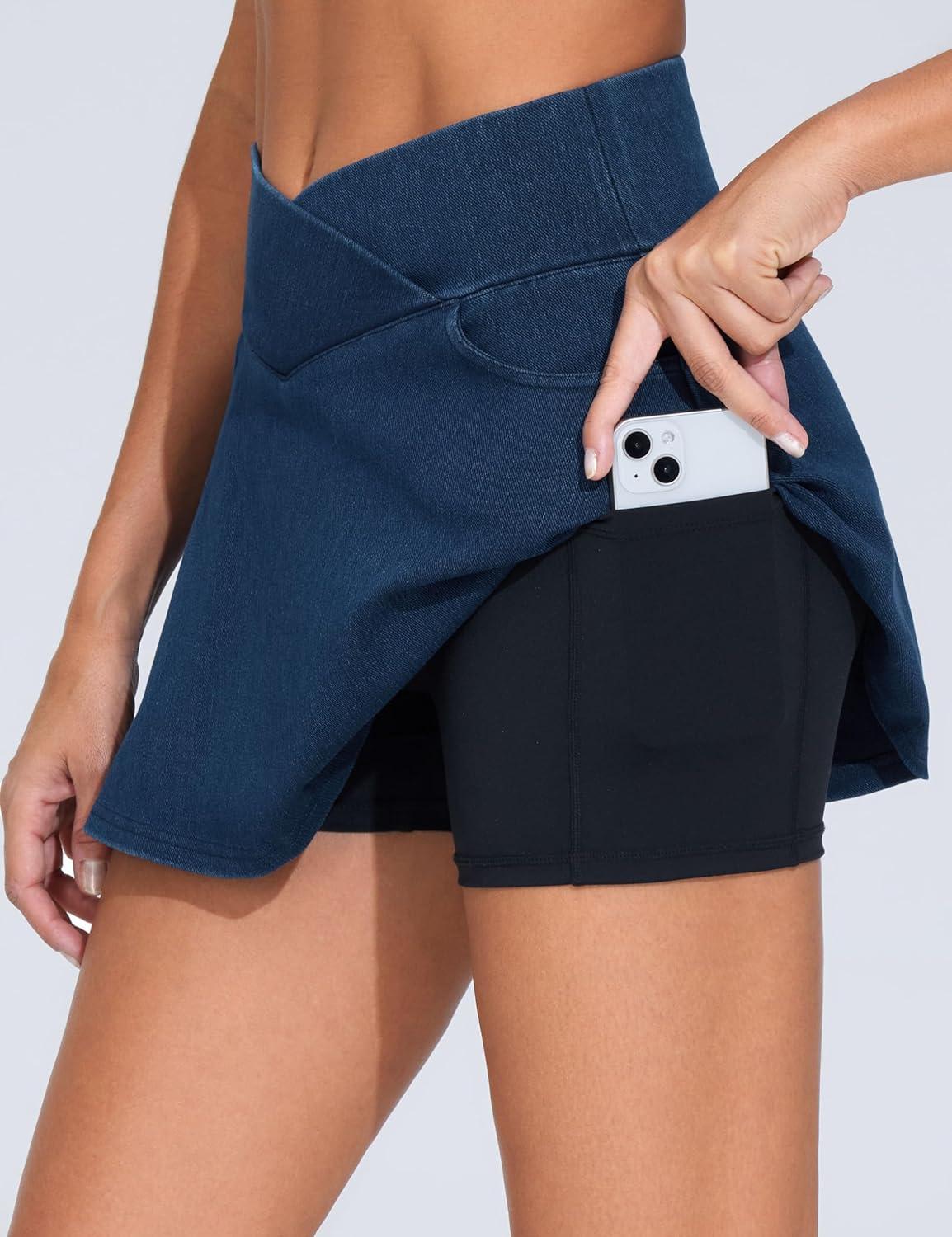 imageTHE GYM PEOPLE Womens Cross Waist Jean Skorts Stretchy Ruffle Denim Skirts with 2 in 1 Shorts PocketsDark Blue