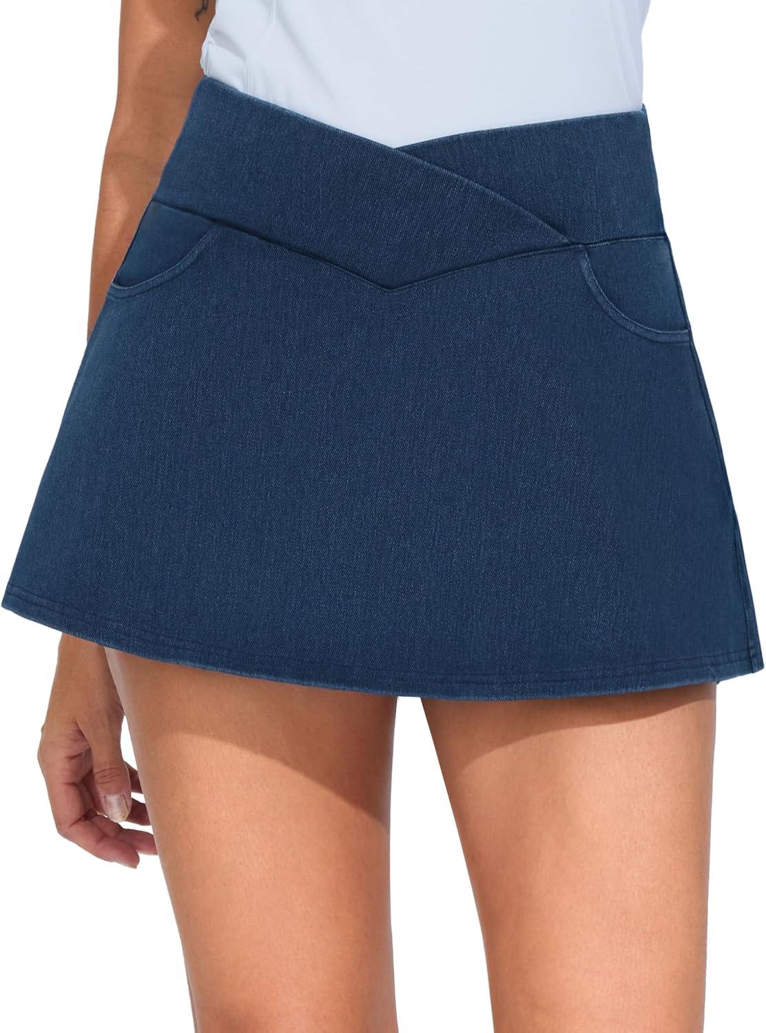 imageTHE GYM PEOPLE Womens Cross Waist Jean Skorts Stretchy Ruffle Denim Skirts with 2 in 1 Shorts PocketsDark Blue