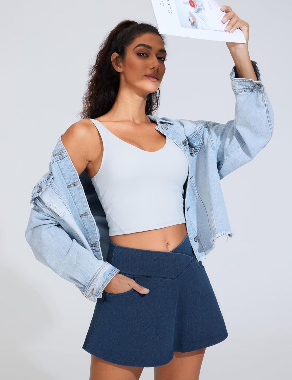 imageTHE GYM PEOPLE Womens Cross Waist Jean Skorts Stretchy Ruffle Denim Skirts with 2 in 1 Shorts PocketsDark Blue