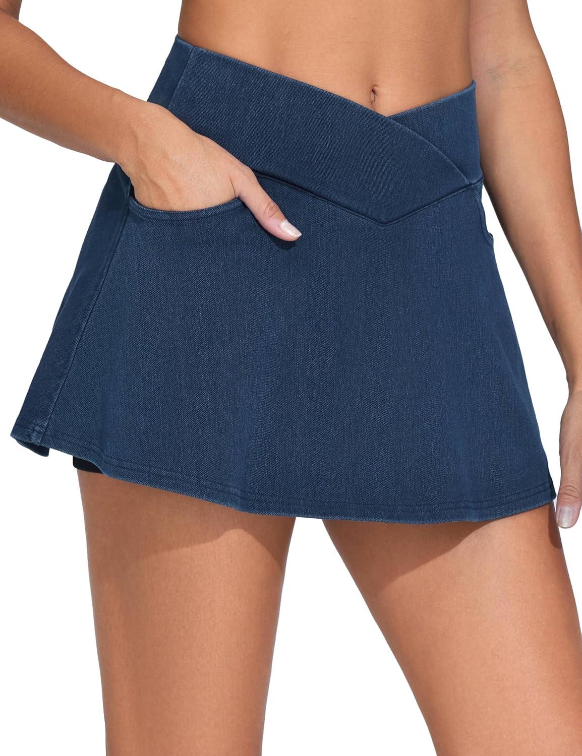 imageTHE GYM PEOPLE Womens Cross Waist Jean Skorts Stretchy Ruffle Denim Skirts with 2 in 1 Shorts PocketsDark Blue