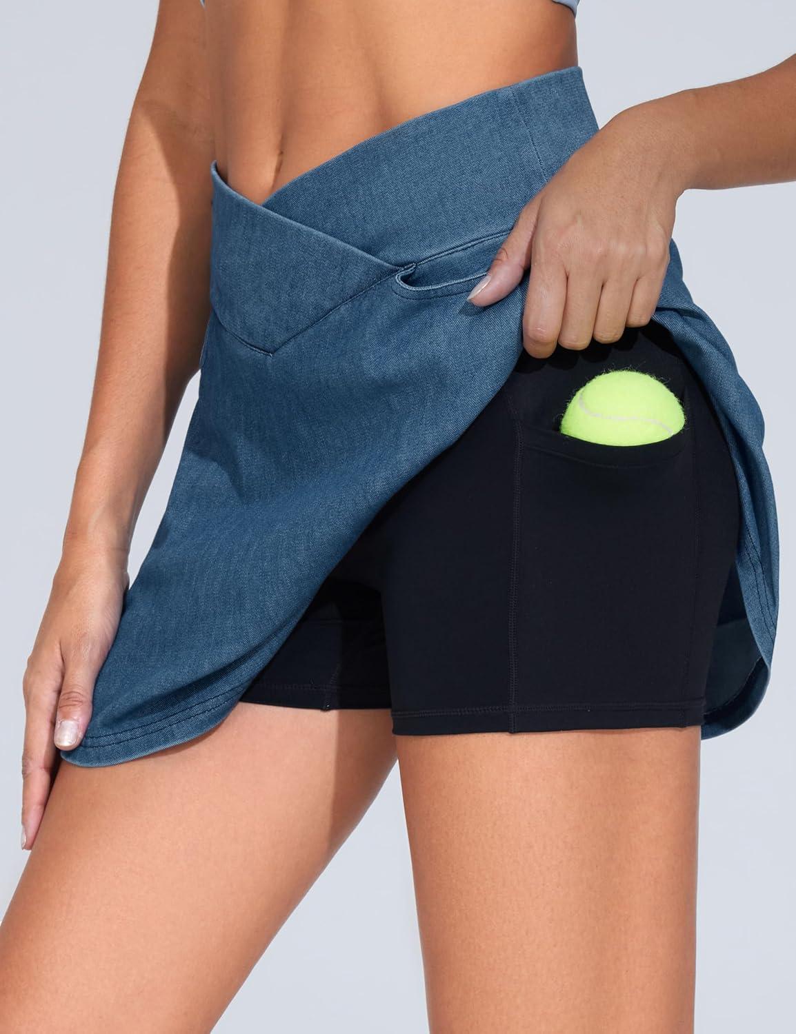 imageTHE GYM PEOPLE Womens Cross Waist Jean Skorts Stretchy Ruffle Denim Skirts with 2 in 1 Shorts PocketsDenim Blue