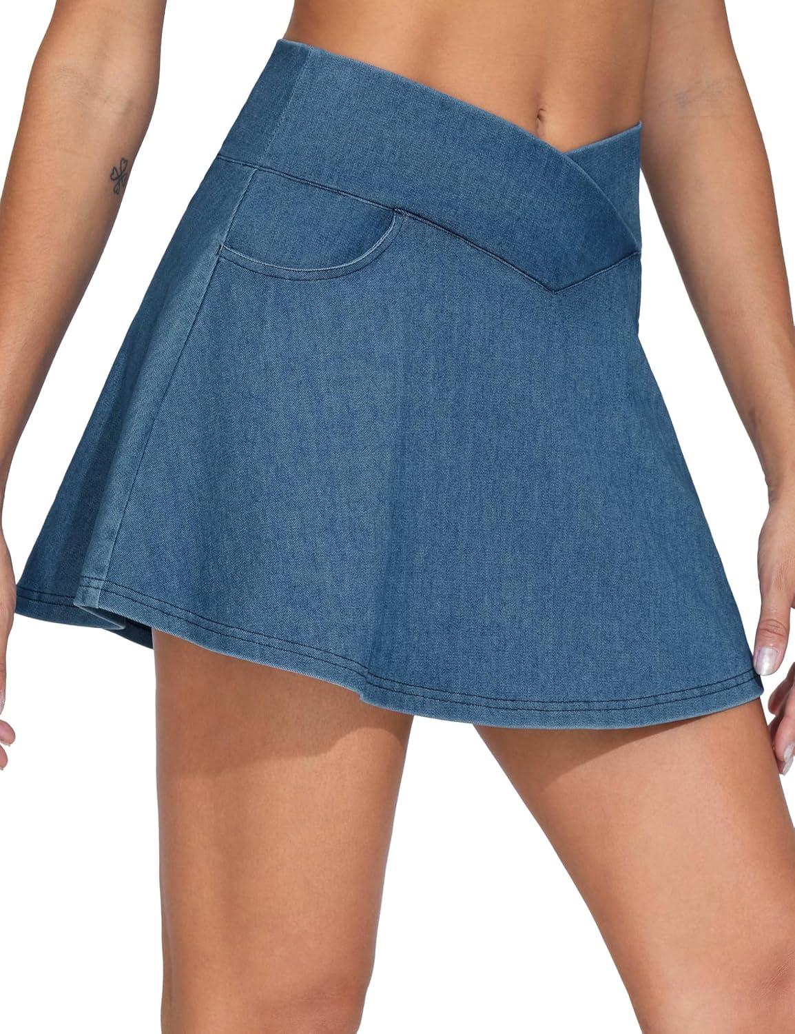 imageTHE GYM PEOPLE Womens Cross Waist Jean Skorts Stretchy Ruffle Denim Skirts with 2 in 1 Shorts PocketsDenim Blue