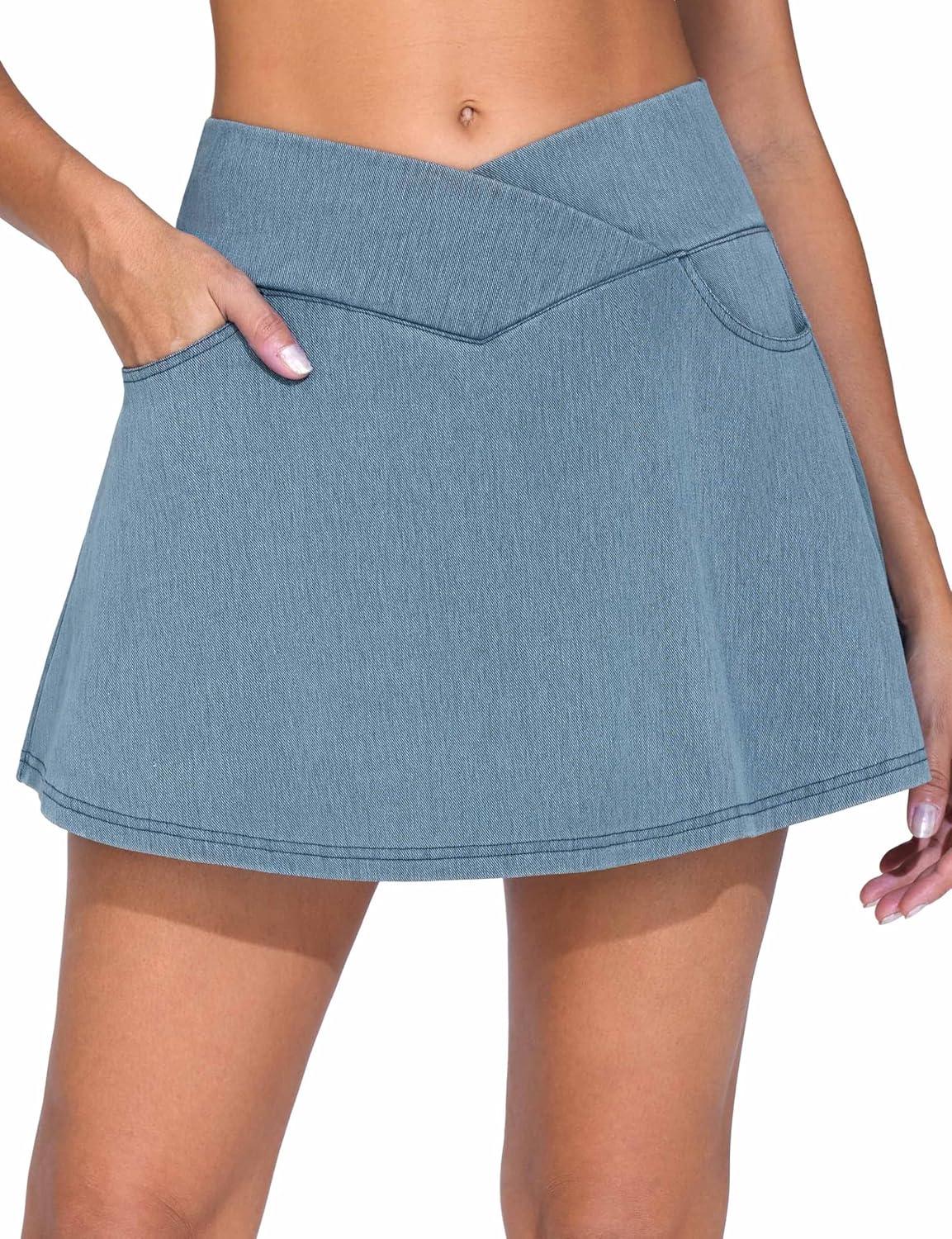 imageTHE GYM PEOPLE Womens Cross Waist Jean Skorts Stretchy Ruffle Denim Skirts with 2 in 1 Shorts PocketsDenim Light Blue