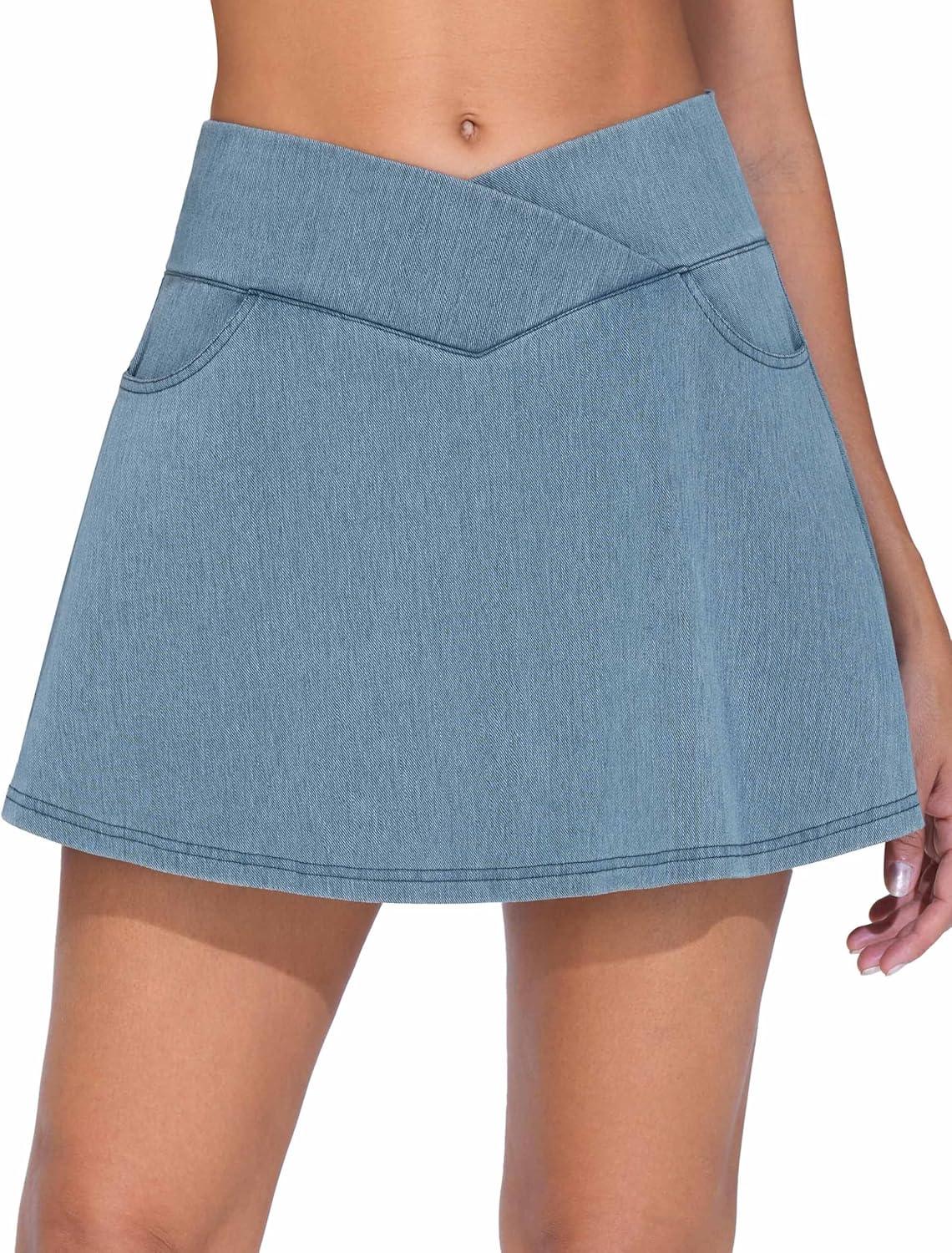 imageTHE GYM PEOPLE Womens Cross Waist Jean Skorts Stretchy Ruffle Denim Skirts with 2 in 1 Shorts PocketsDenim Light Blue