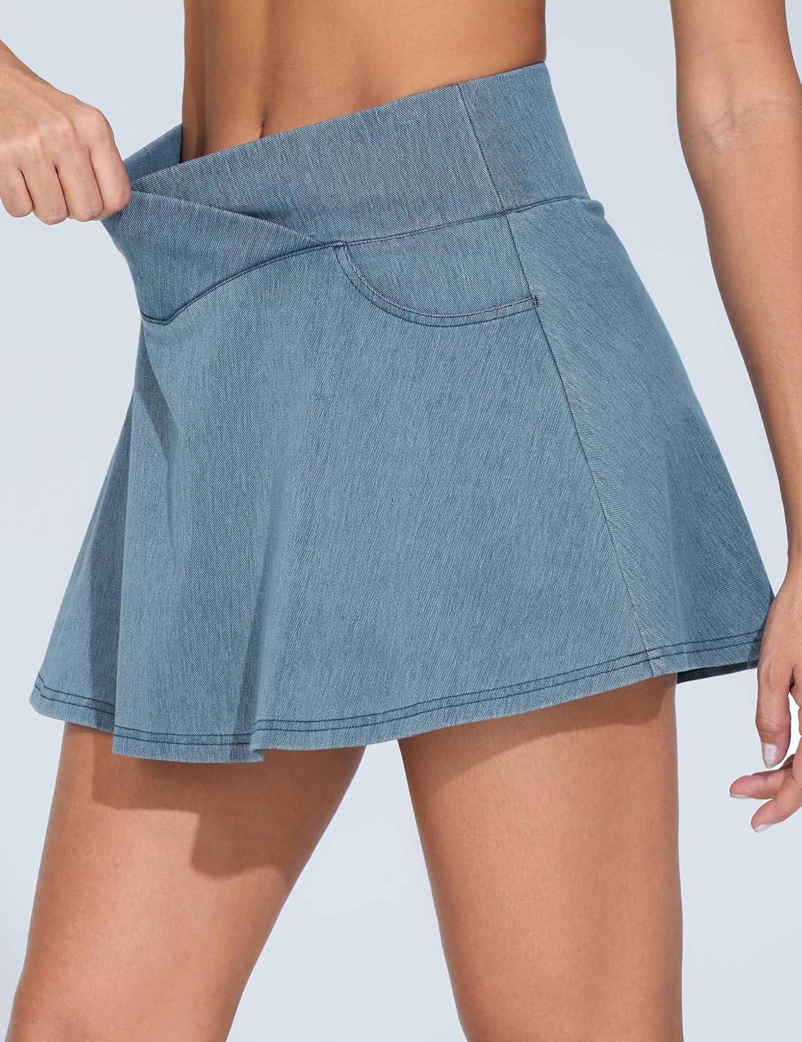 imageTHE GYM PEOPLE Womens Cross Waist Jean Skorts Stretchy Ruffle Denim Skirts with 2 in 1 Shorts PocketsDenim Light Blue