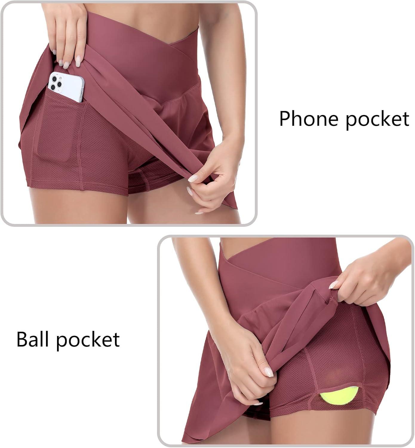 imageTHE GYM PEOPLE Womens Cross Waist Tennis Skirts with Cutting Hem Golf Skorts with Inner Mesh Pockets ShortsRed