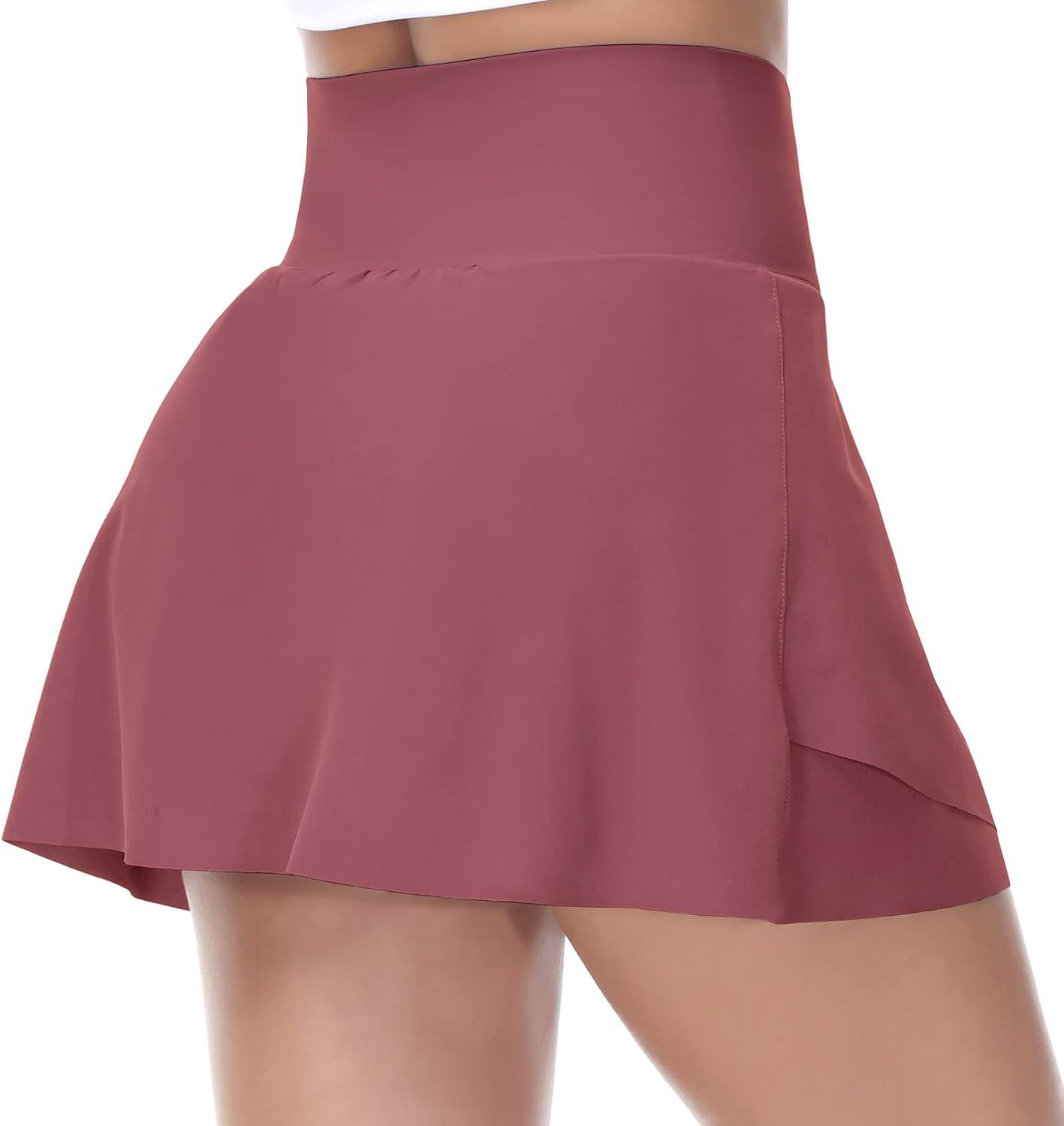 imageTHE GYM PEOPLE Womens Cross Waist Tennis Skirts with Cutting Hem Golf Skorts with Inner Mesh Pockets ShortsRed