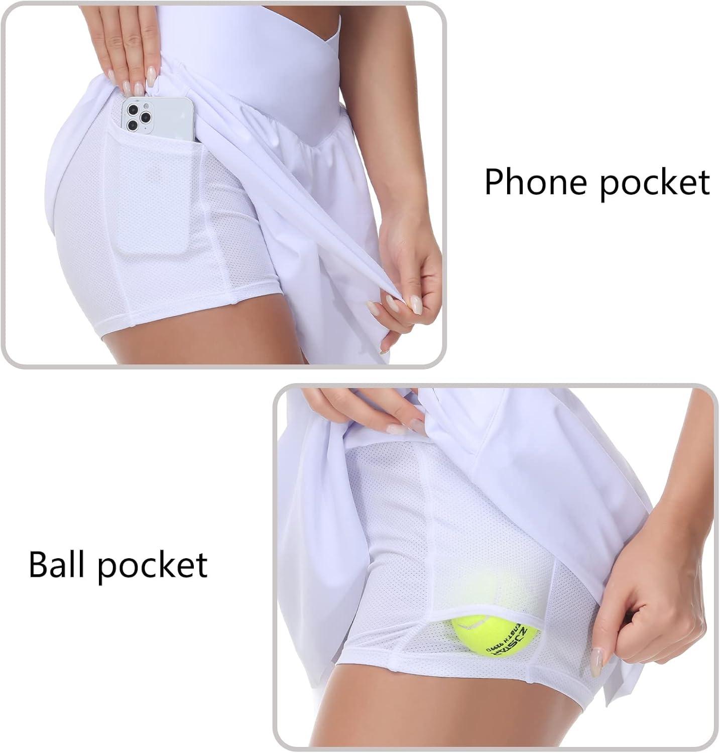imageTHE GYM PEOPLE Womens Cross Waist Tennis Skirts with Cutting Hem Golf Skorts with Inner Mesh Pockets ShortsWhite