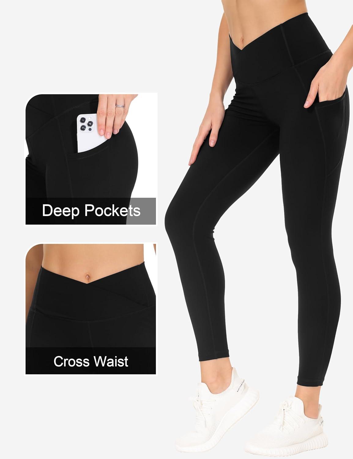 imageTHE GYM PEOPLE Womens Cross Waist Workout Leggings Tummy Control High Waisted Athletic Yoga Pants with PocketsBlack