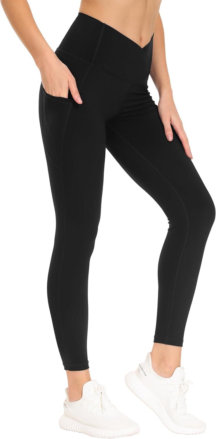 imageTHE GYM PEOPLE Womens Cross Waist Workout Leggings Tummy Control High Waisted Athletic Yoga Pants with PocketsBlack
