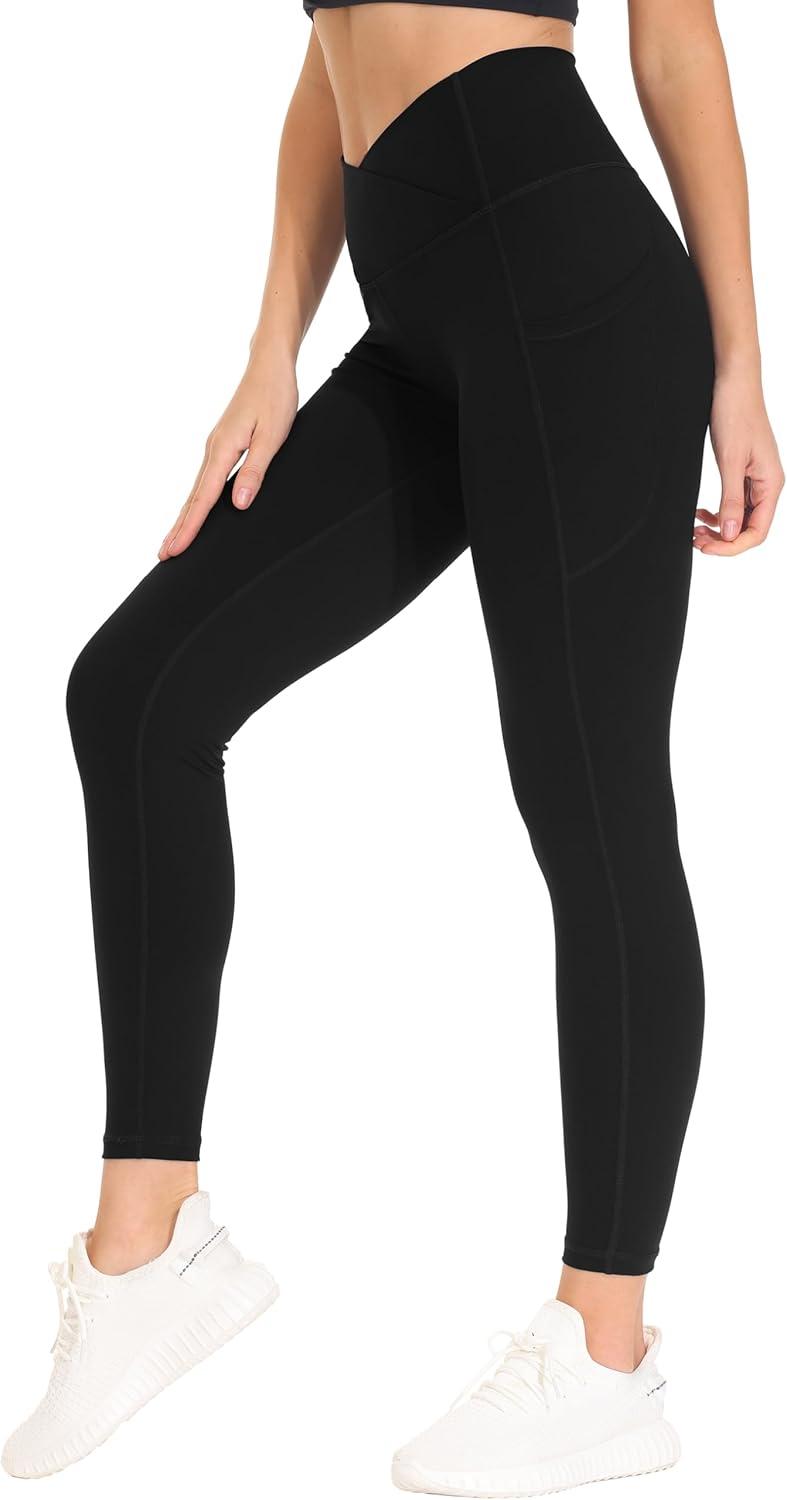 imageTHE GYM PEOPLE Womens Cross Waist Workout Leggings Tummy Control High Waisted Athletic Yoga Pants with PocketsBlack