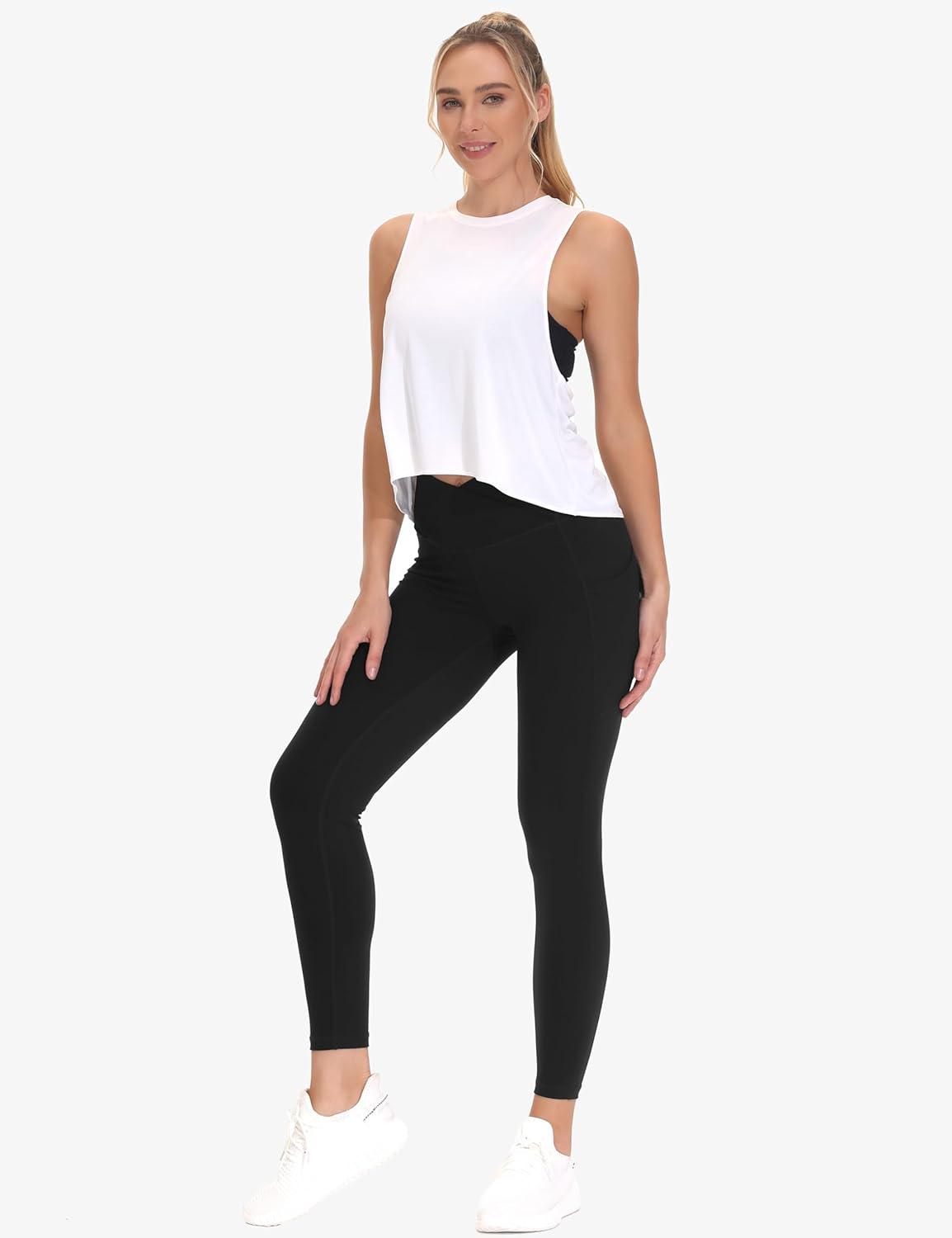 imageTHE GYM PEOPLE Womens Cross Waist Workout Leggings Tummy Control High Waisted Athletic Yoga Pants with PocketsBlack