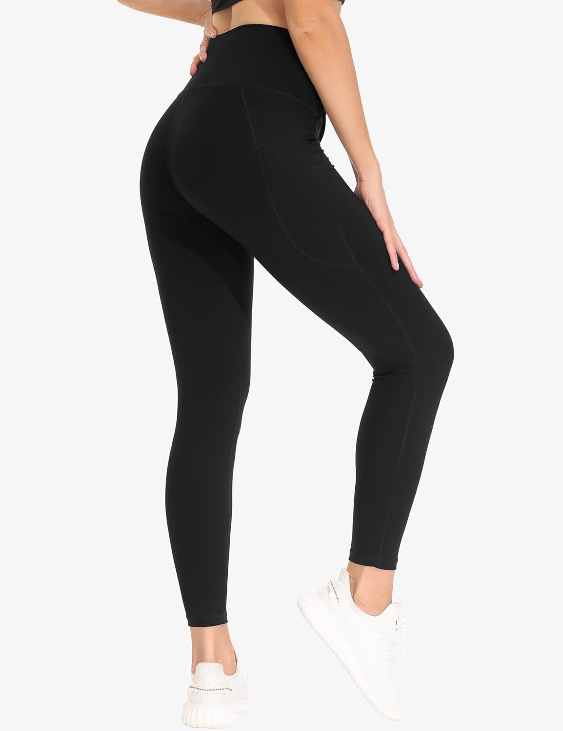 imageTHE GYM PEOPLE Womens Cross Waist Workout Leggings Tummy Control High Waisted Athletic Yoga Pants with PocketsBlack