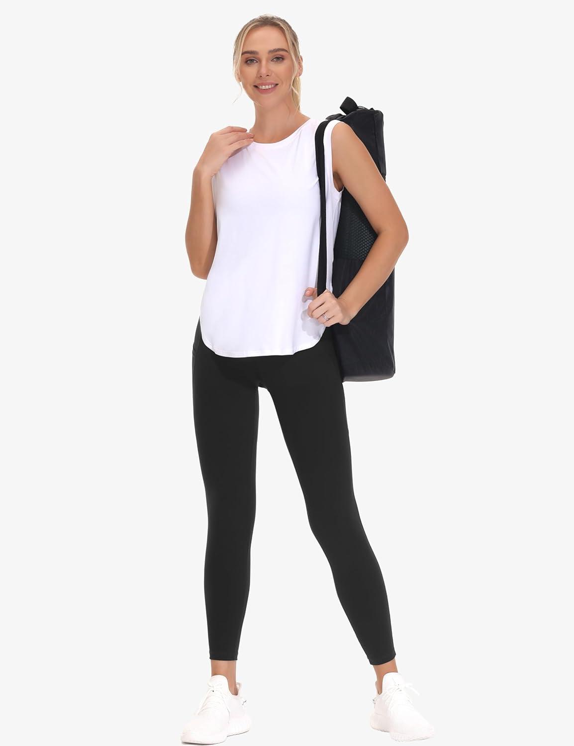 imageTHE GYM PEOPLE Womens Cross Waist Workout Leggings Tummy Control High Waisted Athletic Yoga Pants with PocketsBlack