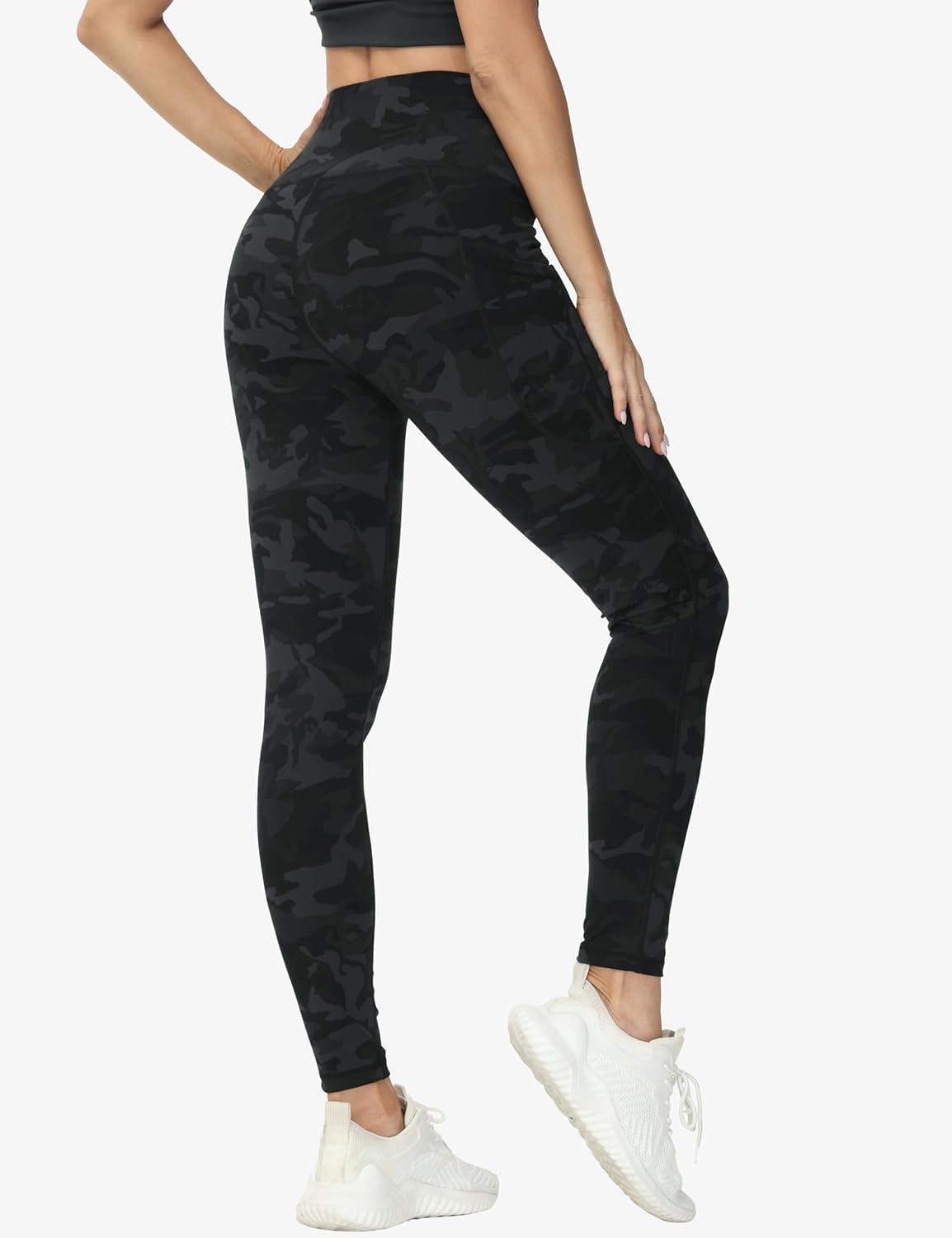 imageTHE GYM PEOPLE Womens Cross Waist Workout Leggings Tummy Control High Waisted Athletic Yoga Pants with PocketsBlack Camo