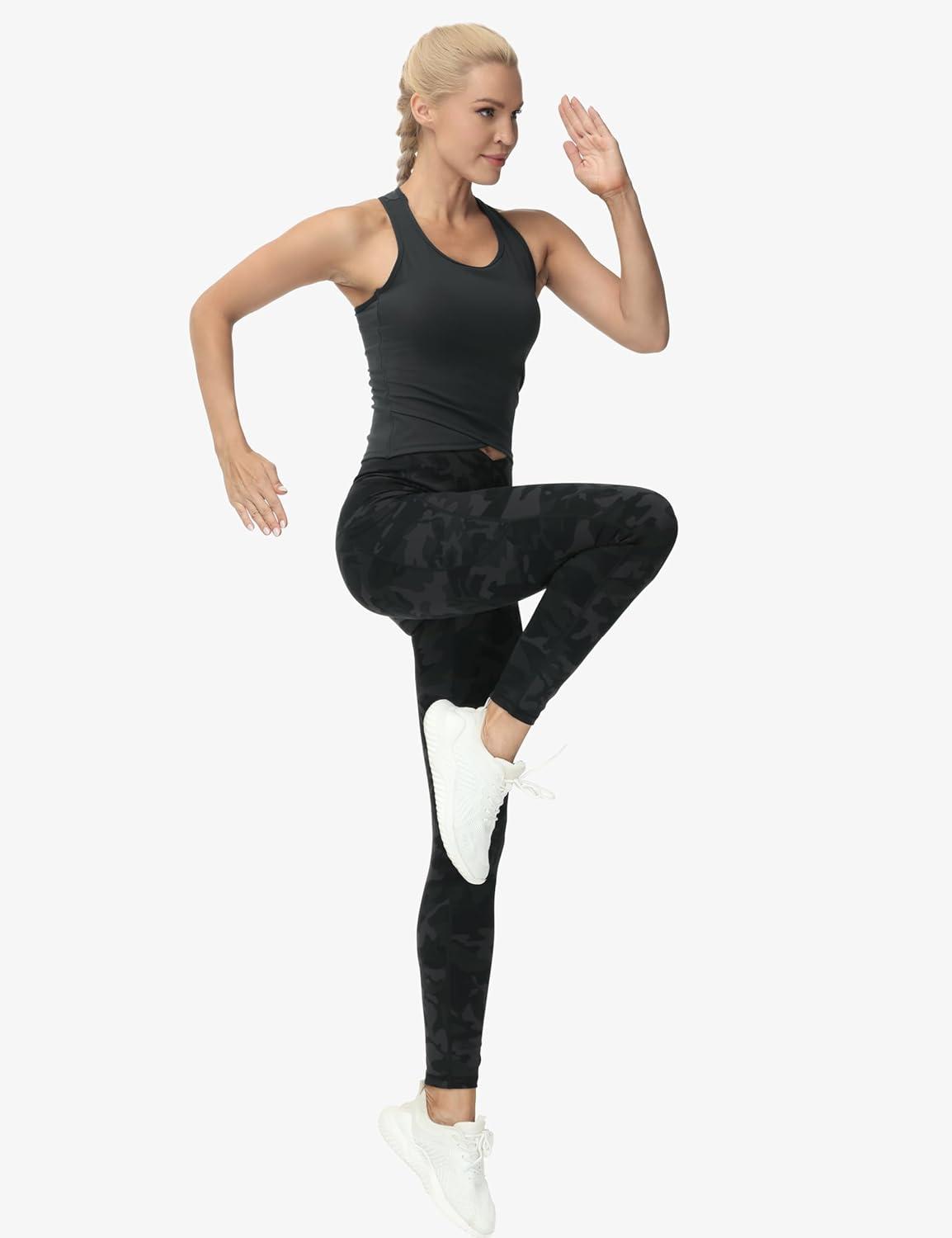 imageTHE GYM PEOPLE Womens Cross Waist Workout Leggings Tummy Control High Waisted Athletic Yoga Pants with PocketsBlack Camo