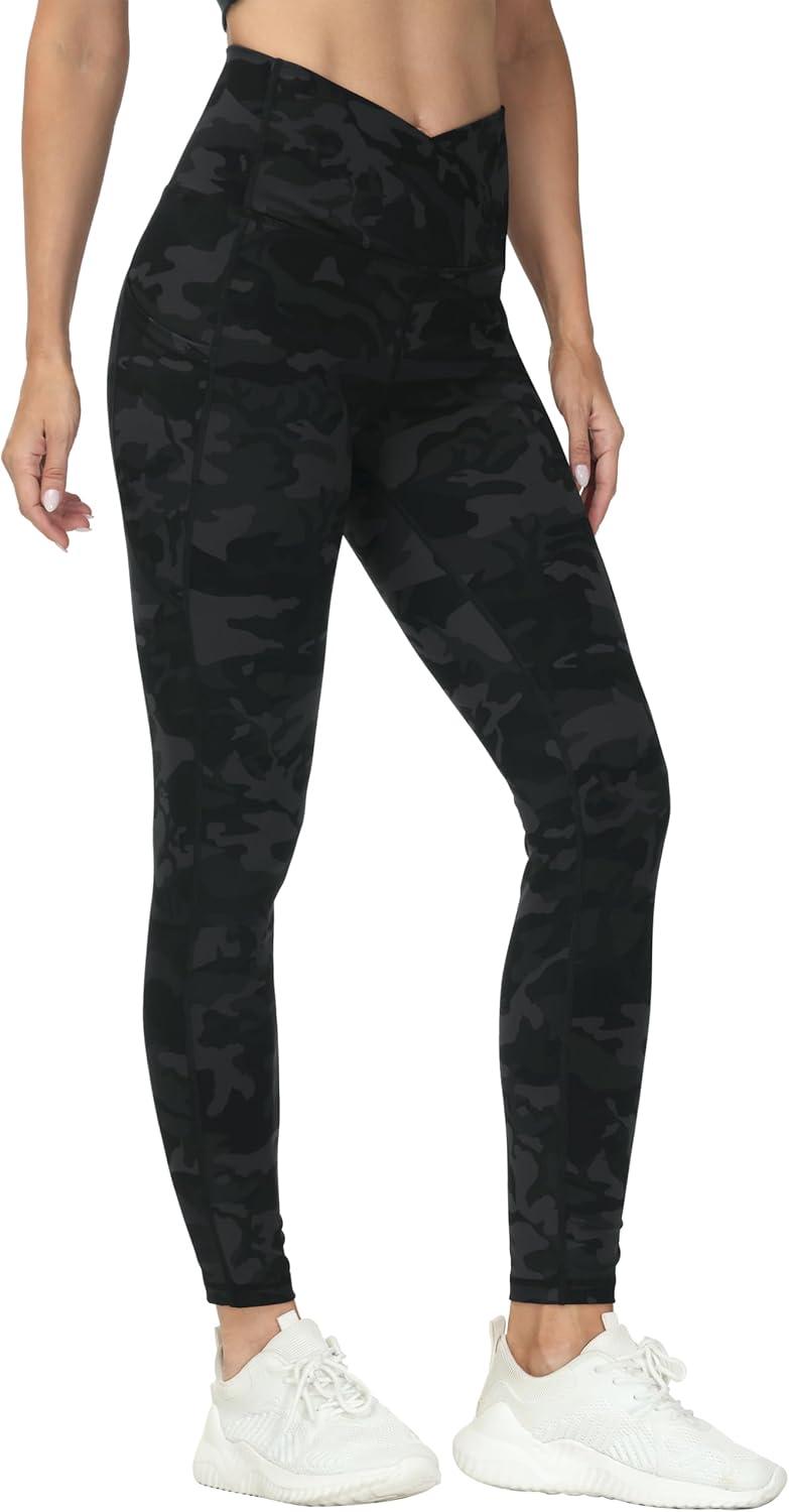 imageTHE GYM PEOPLE Womens Cross Waist Workout Leggings Tummy Control High Waisted Athletic Yoga Pants with PocketsBlack Camo
