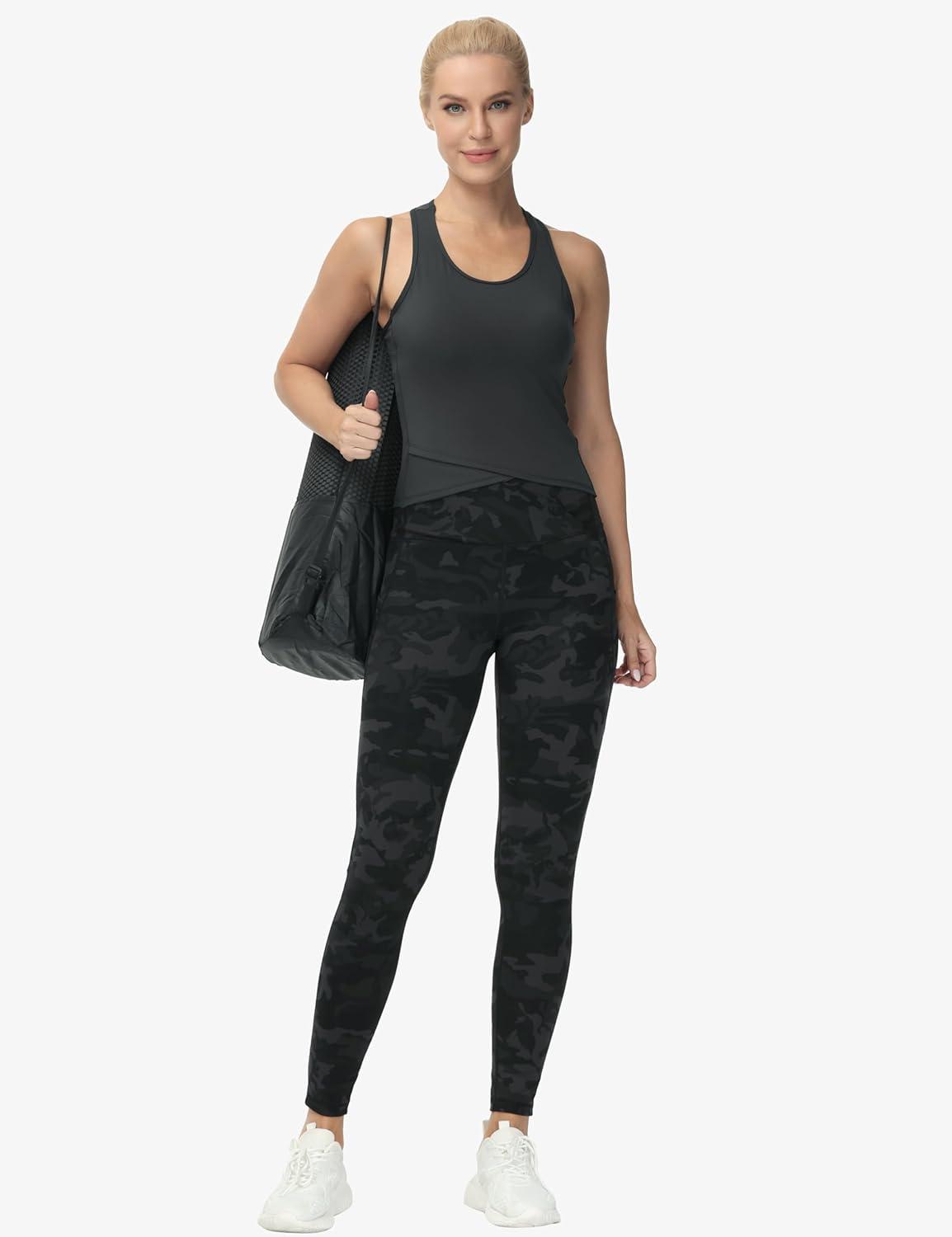 imageTHE GYM PEOPLE Womens Cross Waist Workout Leggings Tummy Control High Waisted Athletic Yoga Pants with PocketsBlack Camo