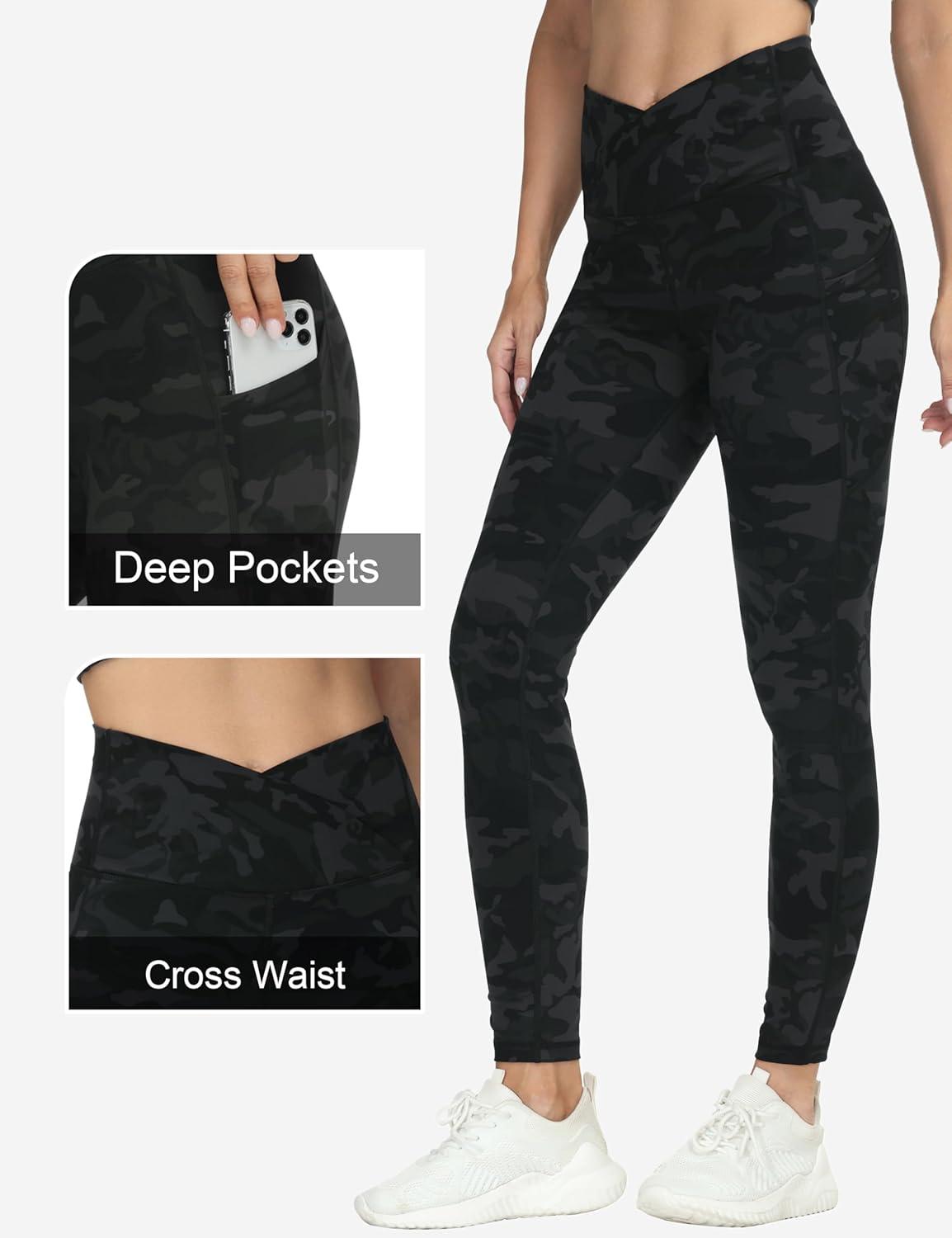 imageTHE GYM PEOPLE Womens Cross Waist Workout Leggings Tummy Control High Waisted Athletic Yoga Pants with PocketsBlack Camo