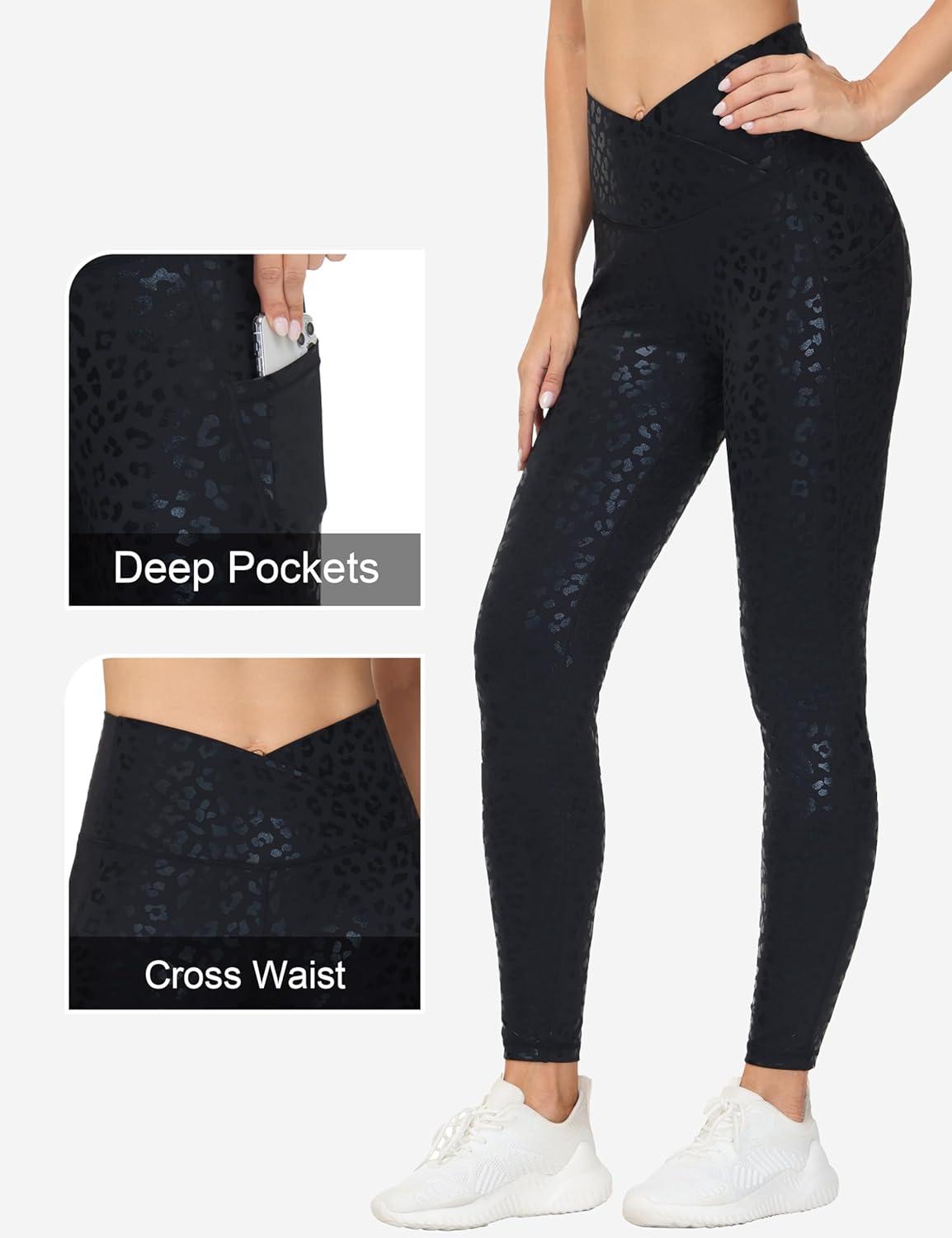 imageTHE GYM PEOPLE Womens Cross Waist Workout Leggings Tummy Control High Waisted Athletic Yoga Pants with PocketsBlack Leopard