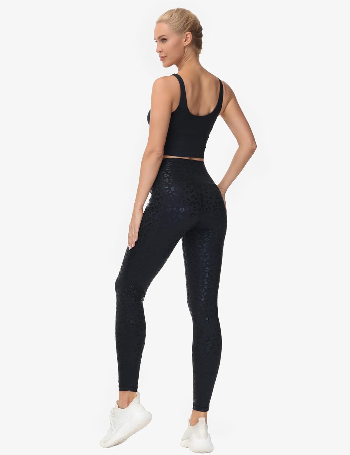 imageTHE GYM PEOPLE Womens Cross Waist Workout Leggings Tummy Control High Waisted Athletic Yoga Pants with PocketsBlack Leopard