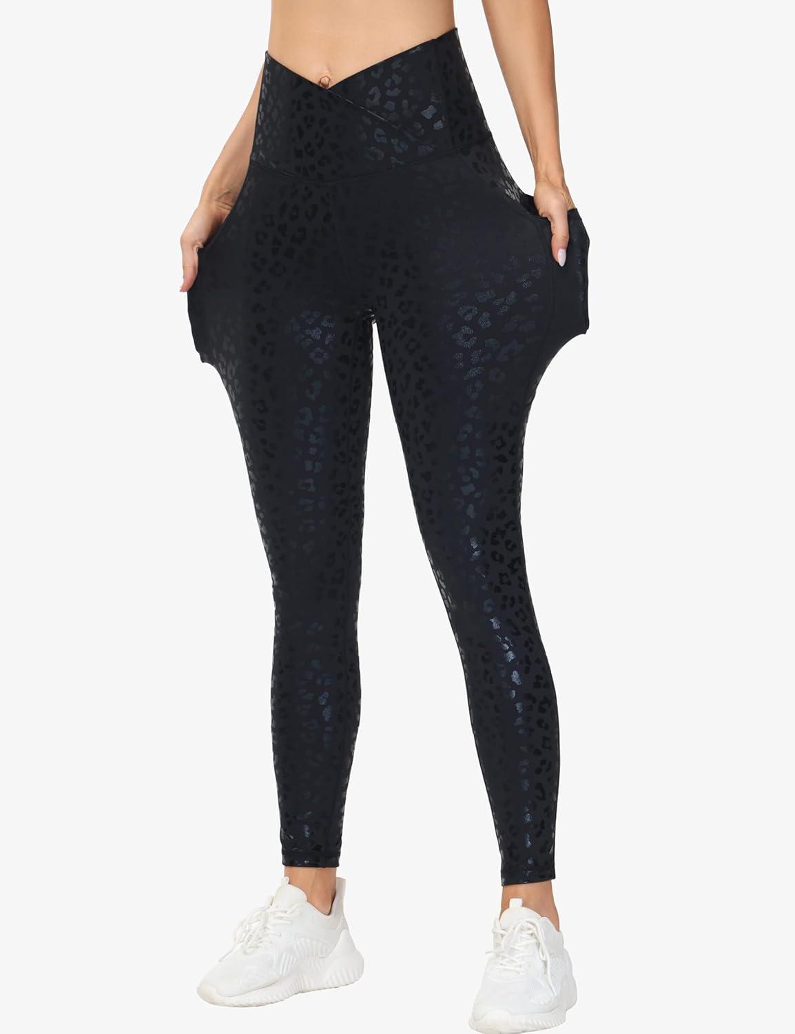 imageTHE GYM PEOPLE Womens Cross Waist Workout Leggings Tummy Control High Waisted Athletic Yoga Pants with PocketsBlack Leopard