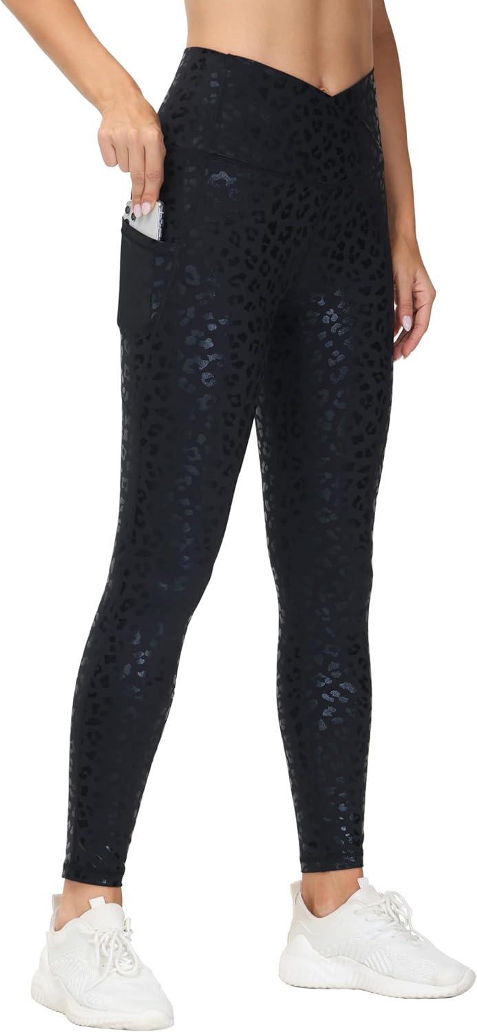 imageTHE GYM PEOPLE Womens Cross Waist Workout Leggings Tummy Control High Waisted Athletic Yoga Pants with PocketsBlack Leopard