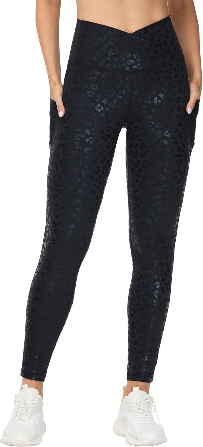 imageTHE GYM PEOPLE Womens Cross Waist Workout Leggings Tummy Control High Waisted Athletic Yoga Pants with PocketsBlack Leopard