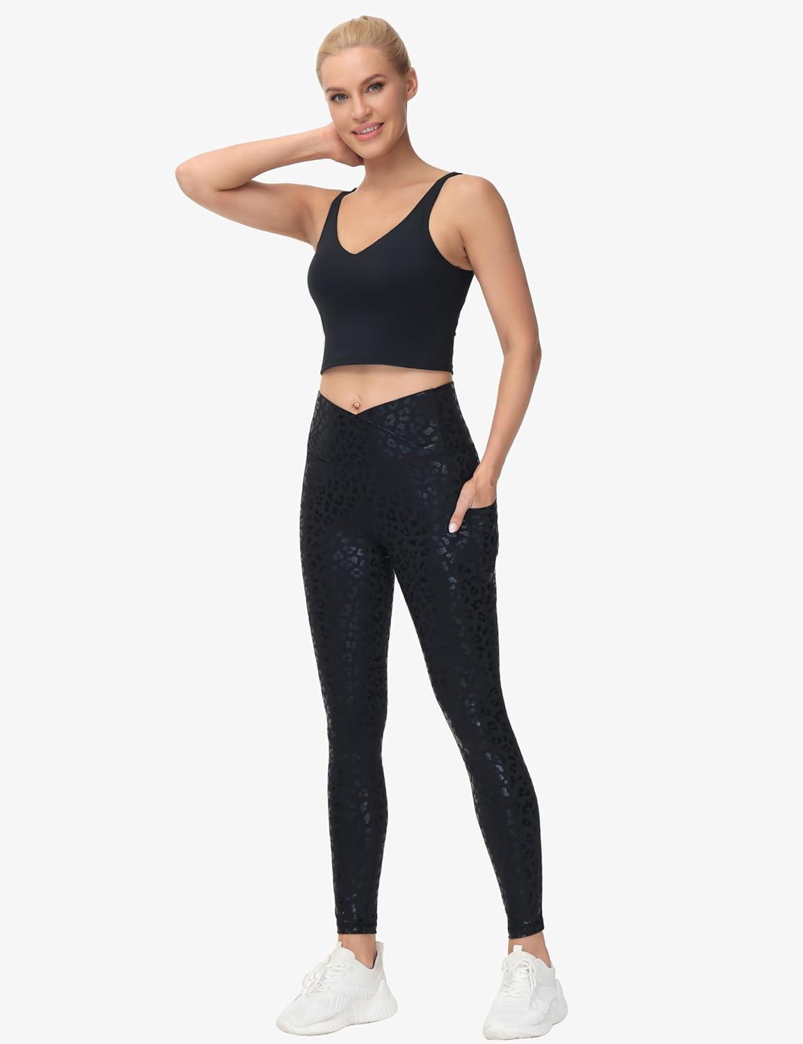imageTHE GYM PEOPLE Womens Cross Waist Workout Leggings Tummy Control High Waisted Athletic Yoga Pants with PocketsBlack Leopard