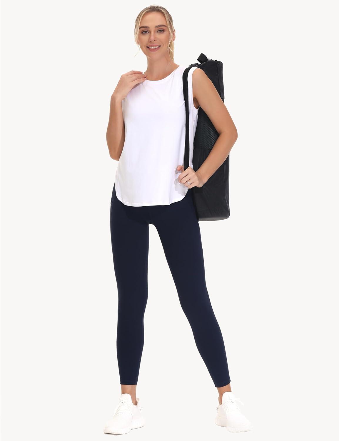 imageTHE GYM PEOPLE Womens Cross Waist Workout Leggings Tummy Control High Waisted Athletic Yoga Pants with PocketsBlue