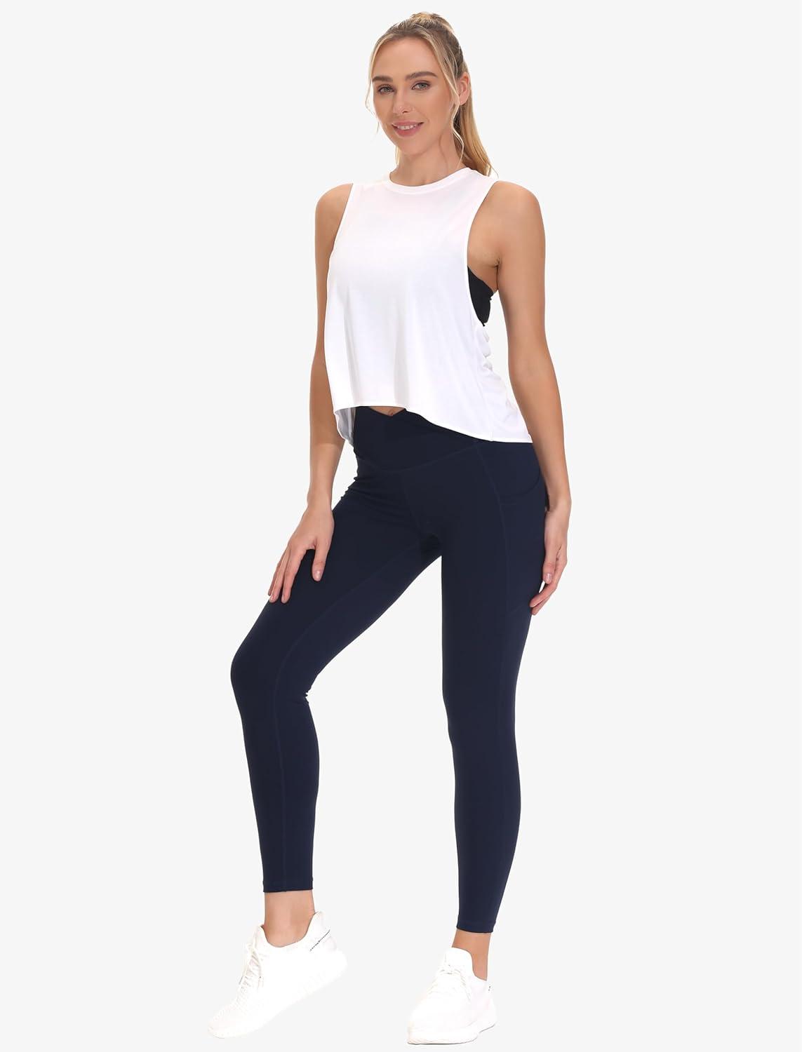 imageTHE GYM PEOPLE Womens Cross Waist Workout Leggings Tummy Control High Waisted Athletic Yoga Pants with PocketsBlue