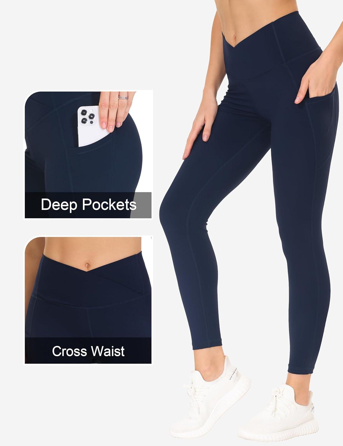 imageTHE GYM PEOPLE Womens Cross Waist Workout Leggings Tummy Control High Waisted Athletic Yoga Pants with PocketsBlue