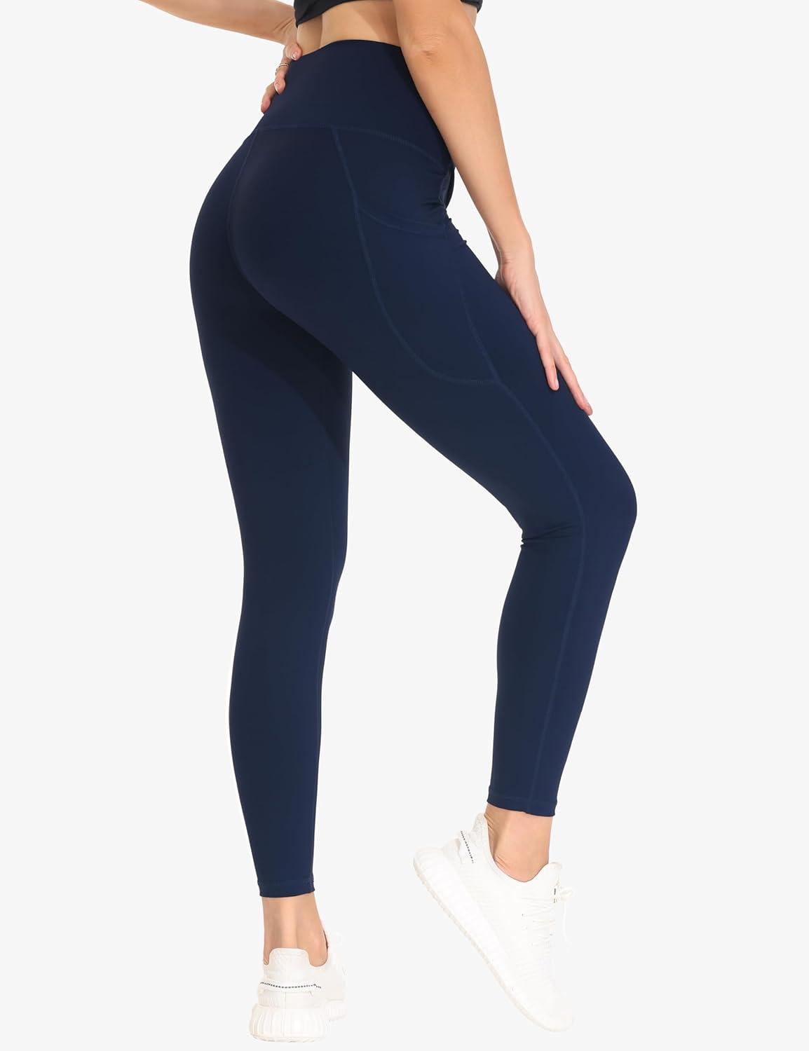 imageTHE GYM PEOPLE Womens Cross Waist Workout Leggings Tummy Control High Waisted Athletic Yoga Pants with PocketsBlue
