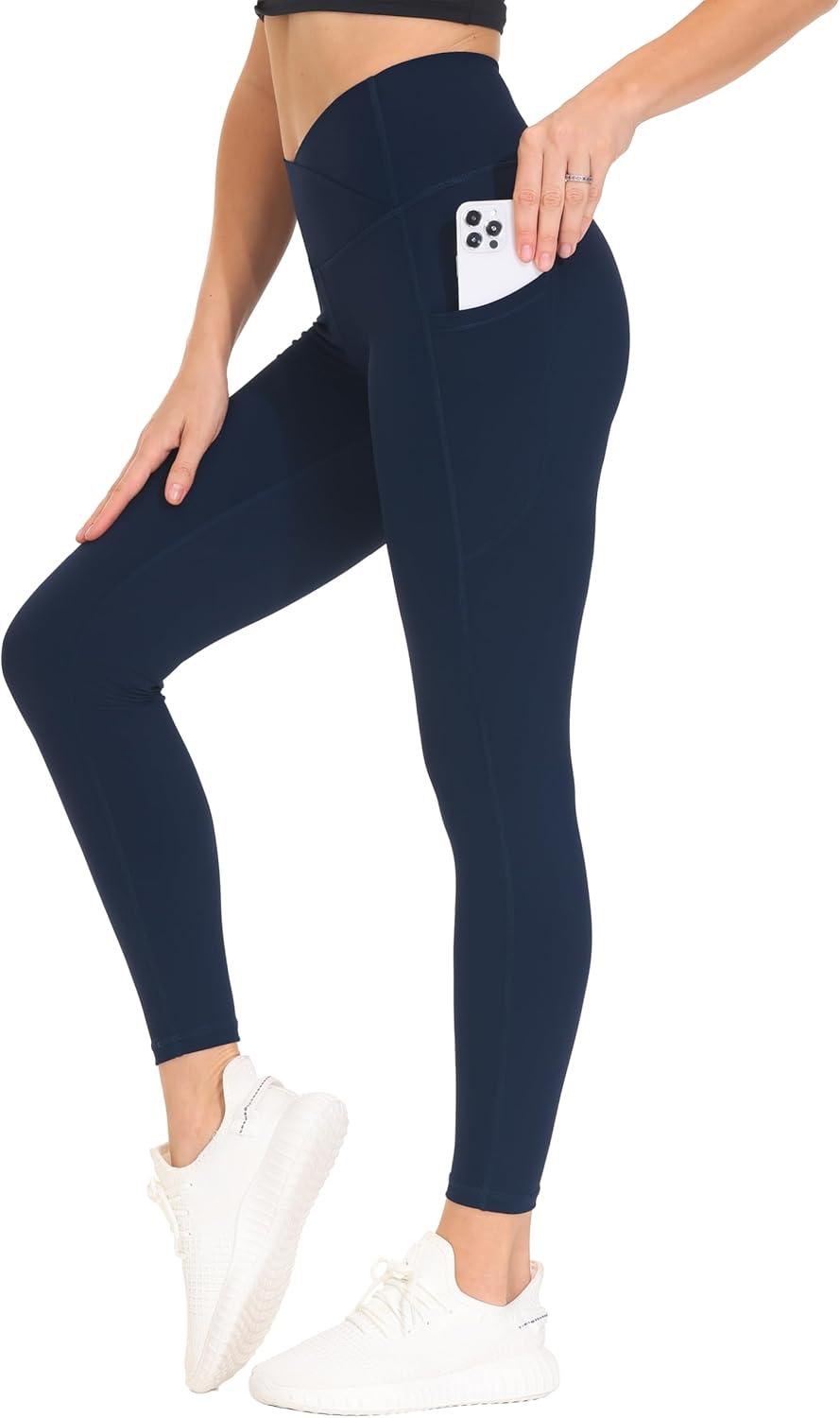 imageTHE GYM PEOPLE Womens Cross Waist Workout Leggings Tummy Control High Waisted Athletic Yoga Pants with PocketsBlue