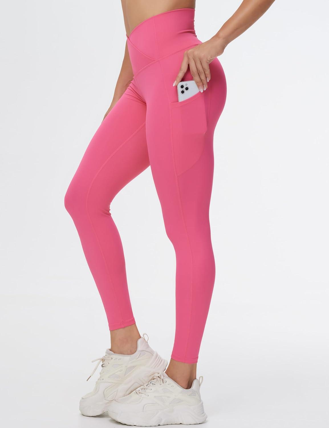 imageTHE GYM PEOPLE Womens Cross Waist Workout Leggings Tummy Control High Waisted Athletic Yoga Pants with PocketsBright Pink