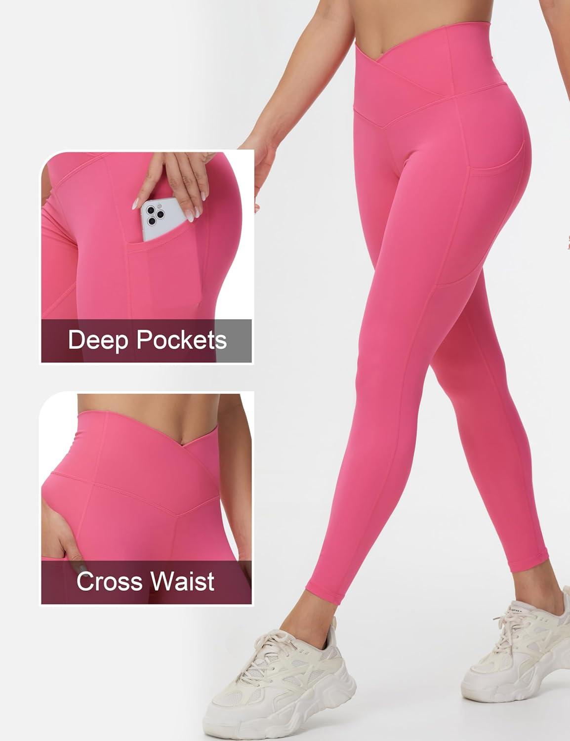 imageTHE GYM PEOPLE Womens Cross Waist Workout Leggings Tummy Control High Waisted Athletic Yoga Pants with PocketsBright Pink