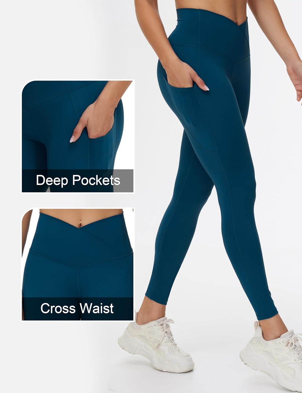 imageTHE GYM PEOPLE Womens Cross Waist Workout Leggings Tummy Control High Waisted Athletic Yoga Pants with PocketsDark Blue Green