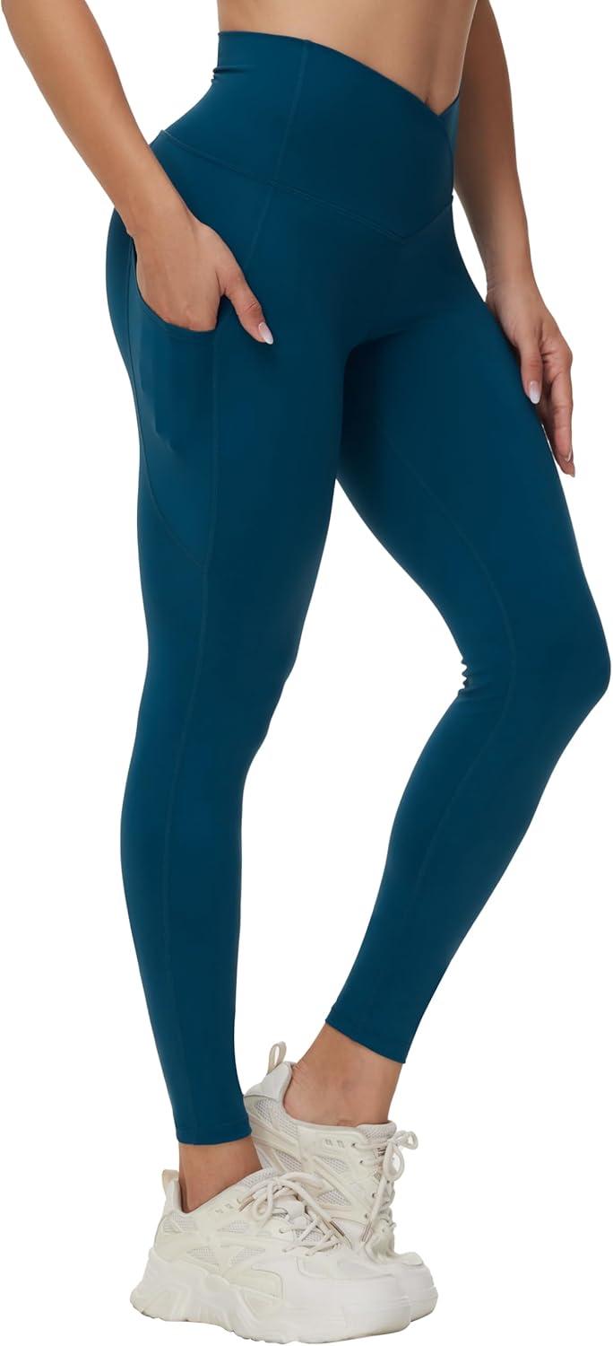 imageTHE GYM PEOPLE Womens Cross Waist Workout Leggings Tummy Control High Waisted Athletic Yoga Pants with PocketsDark Blue Green