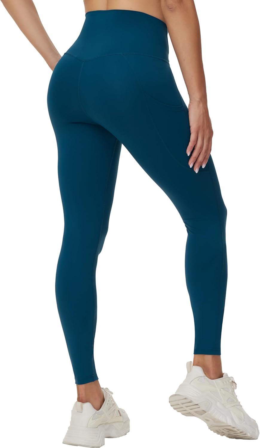 imageTHE GYM PEOPLE Womens Cross Waist Workout Leggings Tummy Control High Waisted Athletic Yoga Pants with PocketsDark Blue Green