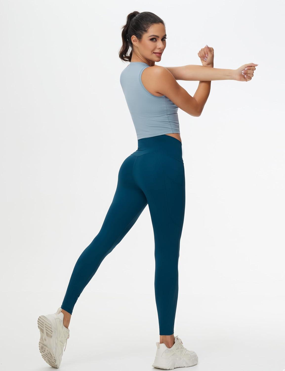 imageTHE GYM PEOPLE Womens Cross Waist Workout Leggings Tummy Control High Waisted Athletic Yoga Pants with PocketsDark Blue Green