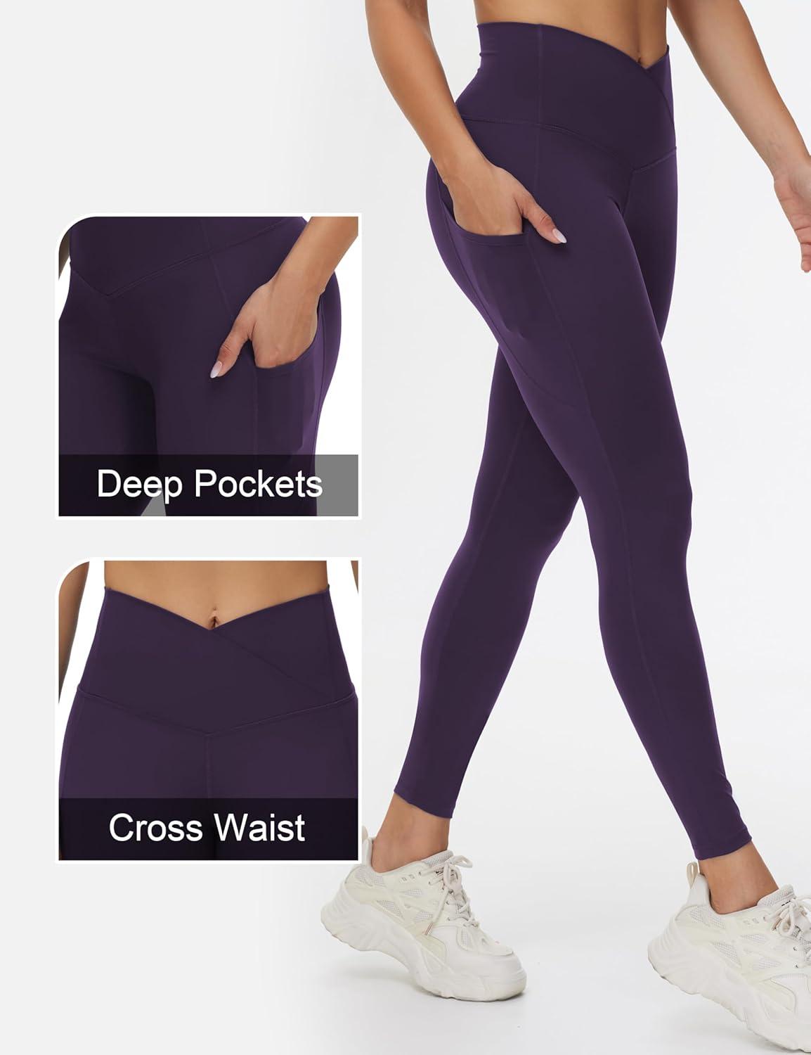 imageTHE GYM PEOPLE Womens Cross Waist Workout Leggings Tummy Control High Waisted Athletic Yoga Pants with PocketsPurple