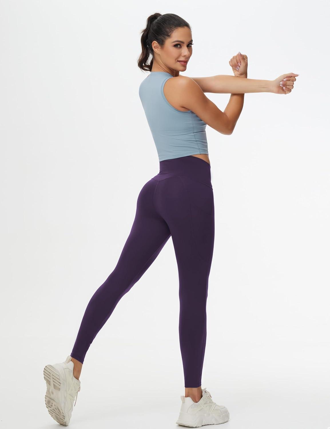 imageTHE GYM PEOPLE Womens Cross Waist Workout Leggings Tummy Control High Waisted Athletic Yoga Pants with PocketsPurple