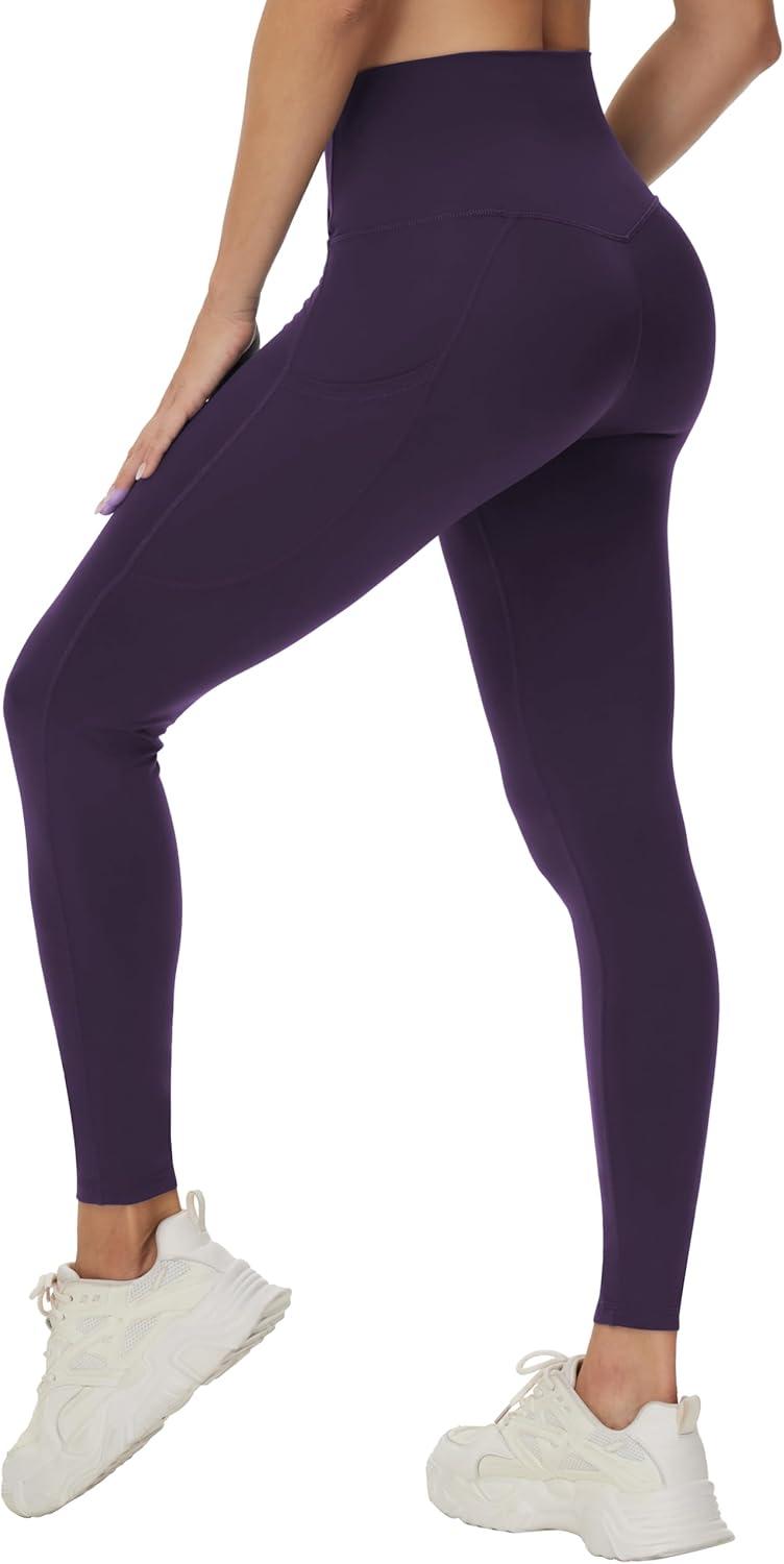 imageTHE GYM PEOPLE Womens Cross Waist Workout Leggings Tummy Control High Waisted Athletic Yoga Pants with PocketsPurple