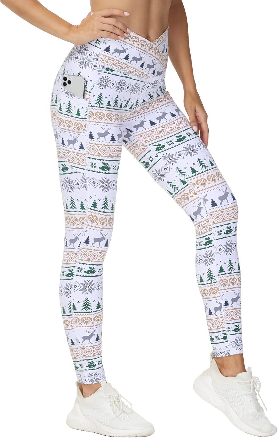 imageTHE GYM PEOPLE Womens Cross Waist Workout Leggings Tummy Control High Waisted Athletic Yoga Pants with PocketsXmas Print White