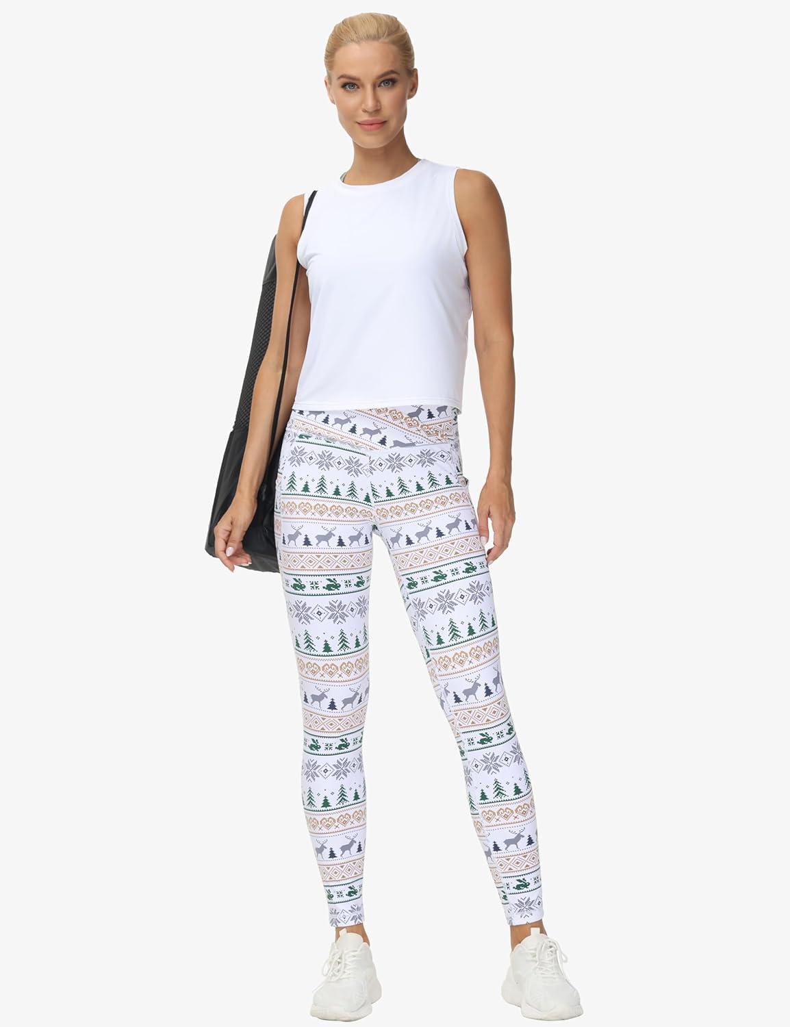 imageTHE GYM PEOPLE Womens Cross Waist Workout Leggings Tummy Control High Waisted Athletic Yoga Pants with PocketsXmas Print White