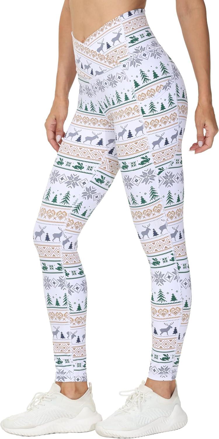 imageTHE GYM PEOPLE Womens Cross Waist Workout Leggings Tummy Control High Waisted Athletic Yoga Pants with PocketsXmas Print White